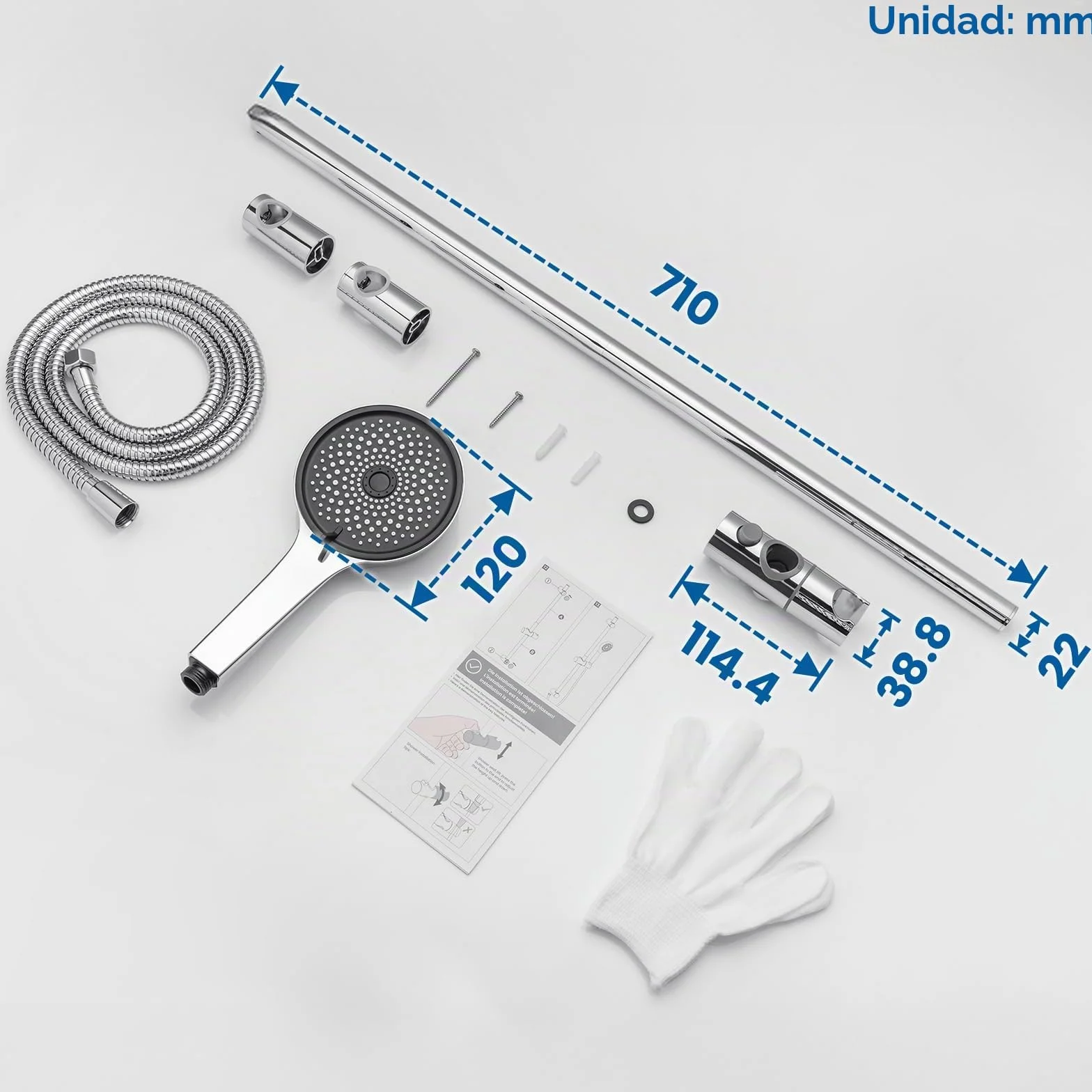 Auralum Barra de Ducha de Acero Inoxidable 70 cm con Alcachofa de Ducha 5 Funciones, Soporte Ajustable y Manguera Inoxidable 150 cm, Compatible con Orificios Existentes, Cromo