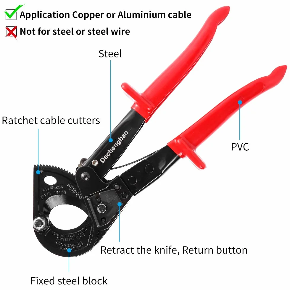 Cortador de cable Dechengbao, resistente cortador de aluminio para cable de trinquete y alambre, corte hasta 240mm²