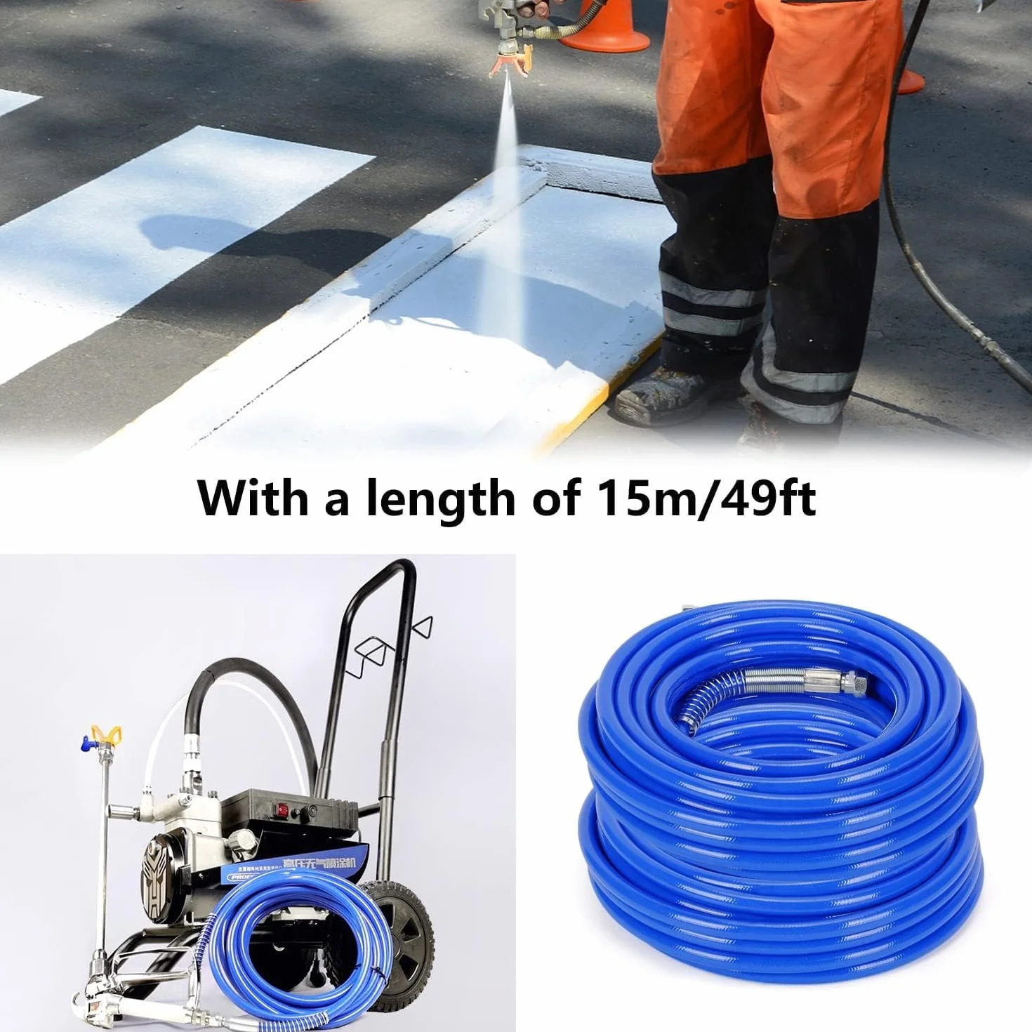 Manguera pulverizadora de pintura sin aire de 15m, tubo de fibra de alta presión, azul