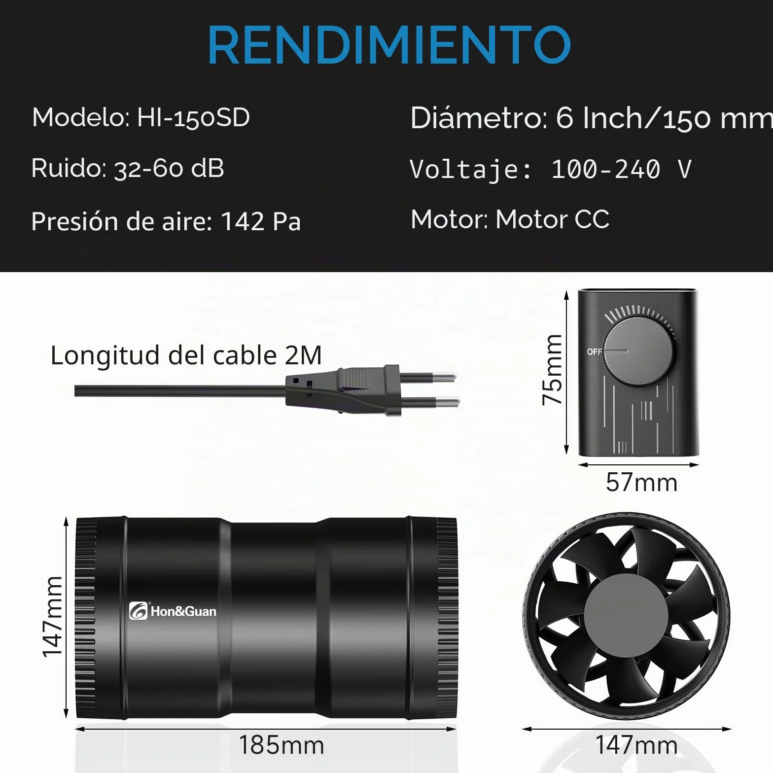 Ventilador de tubo 150 mm 587 m³/h regulable negro Hon&Guan