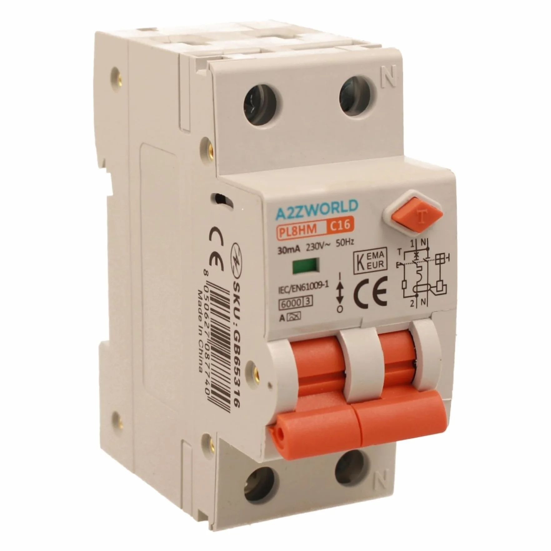 Interruptor magnetotérmico diferencial tipo A, 1P+N Curva C 6KA 30mA 220V, Ocupa 2 módulos DIN, RCBO Tipo A C16 16A