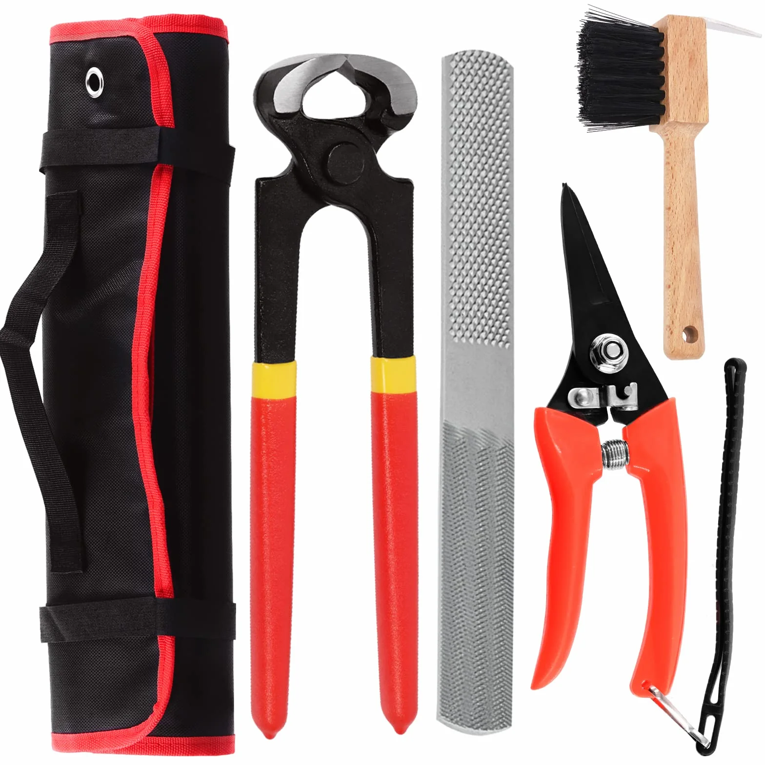 Swpeet Kit de 5 herramientas profesionales de herrador con paquete de rollo, mini lima de pezuña de 8 pulgadas, pinza de pezuña de 8 pulgadas, cepillo de herradura, herramientas de corte de pezuñas de