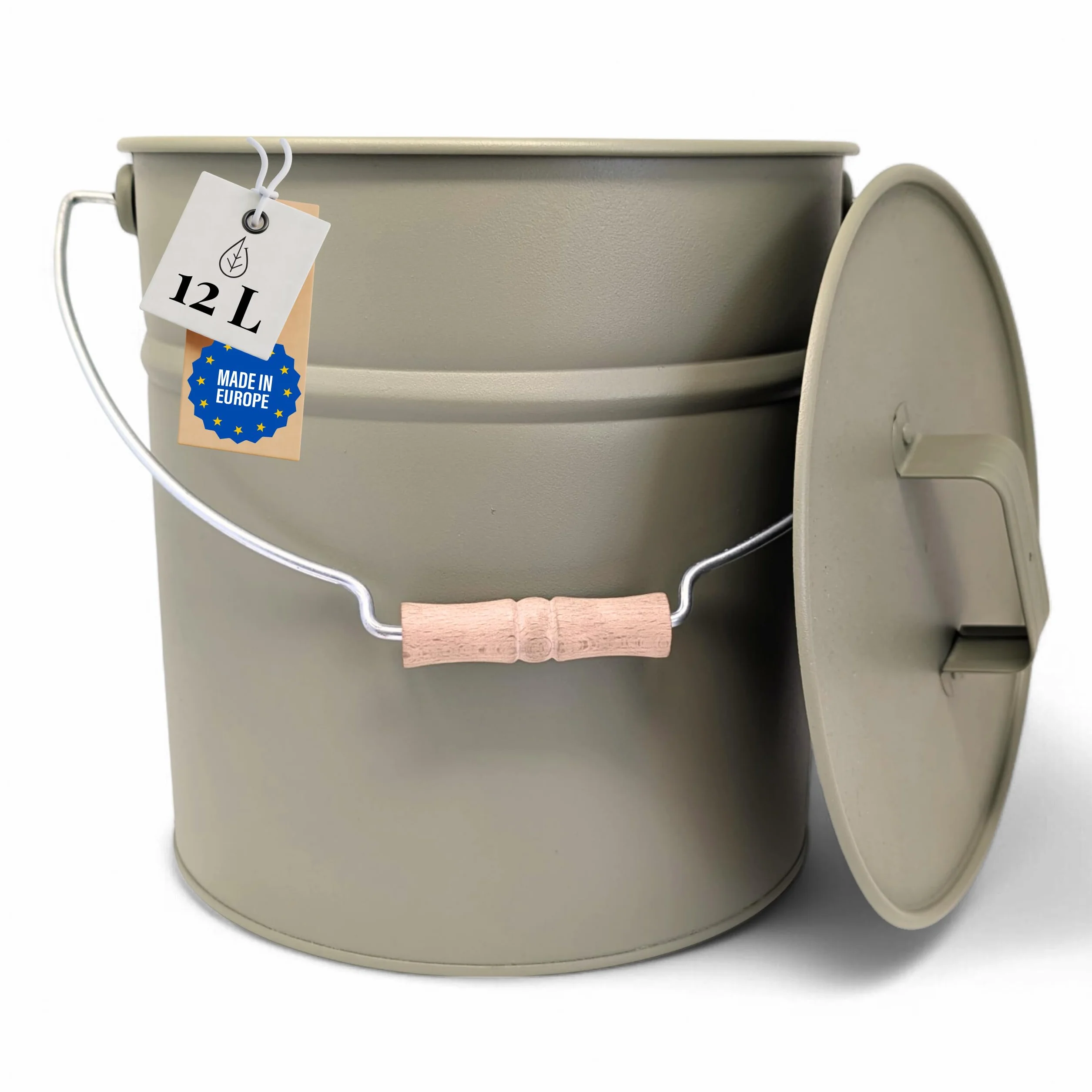LIVLIG Cubo de cenizas con tapa, 12 L, color gris musgo, cubo galvanizado con tapa para chimeneas modernas, calidad premium de Europa, accesorios elegantes para chimenea para guardar las cenizas de