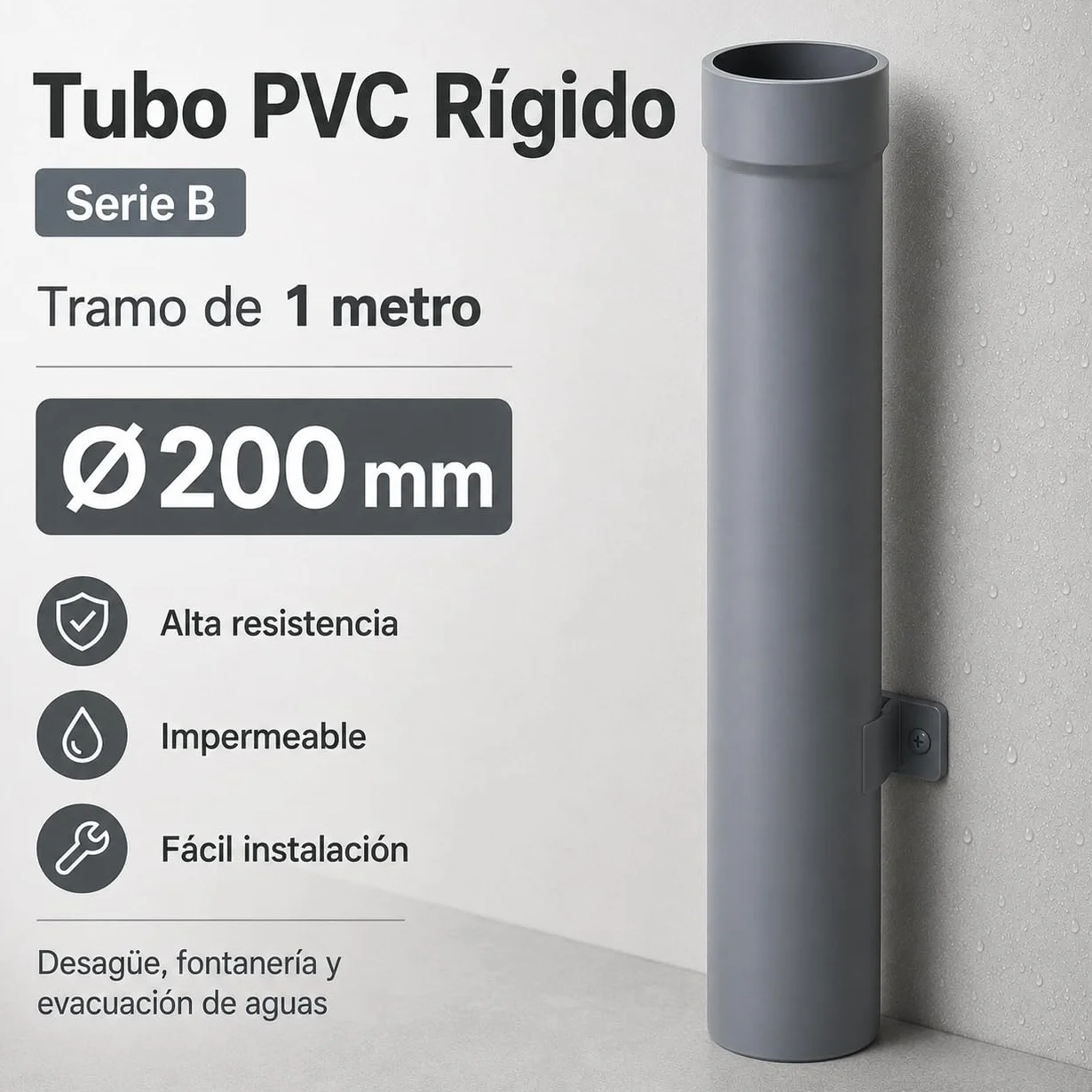 Tubo PVC Rígido 1 Metro – Desagüe, Fontanería y Evacuación de Aguas – Alta Resistencia, Impermeable y Fácil Instalación – Tramos Disponibles Ø75, Ø110, Ø125, Ø160 y Ø200 mm (Ø200 mm)