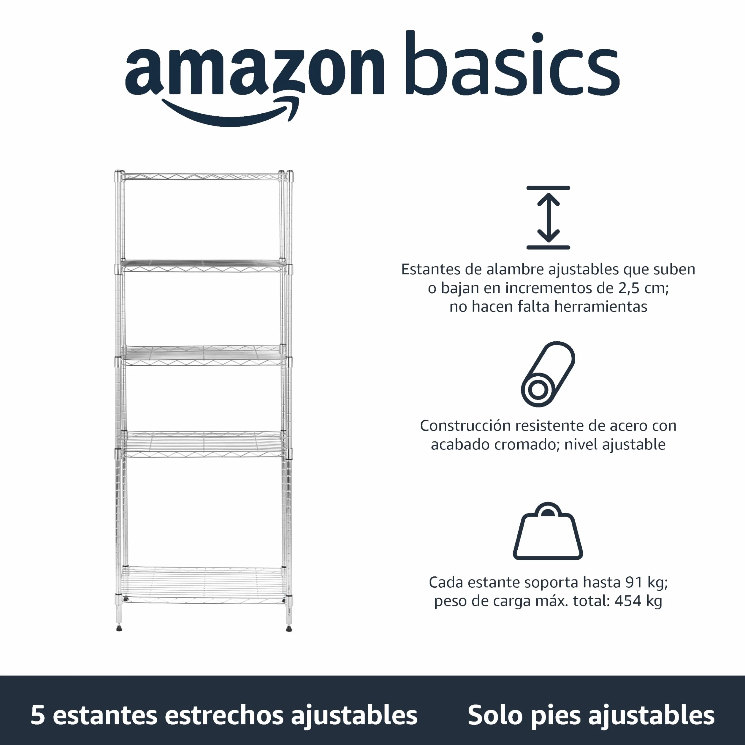 Amazon Basics Unidad de almacenamiento estrecha de 5 baldas con estantes ajustables en altura y patas niveladoras, peso máximo de 453 kg, Cromado, 34 cm x 58.9 cm x 152.5 cm (D x W x H)