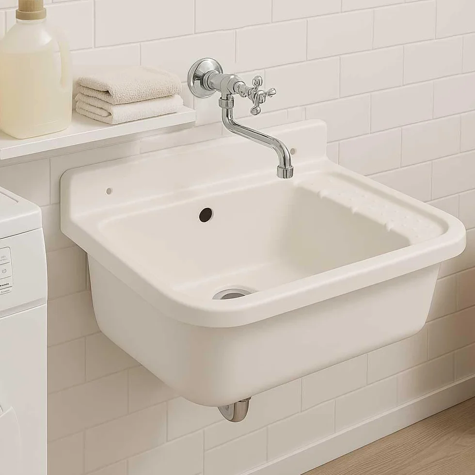 Fregadero Pileta de Pared Resina de Polipropileno Blanco Lavabo Pila para Lavadero 51,5x34