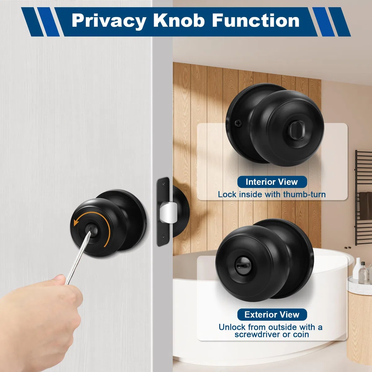 Estmoon Paquete de 6 pomos negros para puerta interior, para dormitorio, baño, privacidad, bola redonda