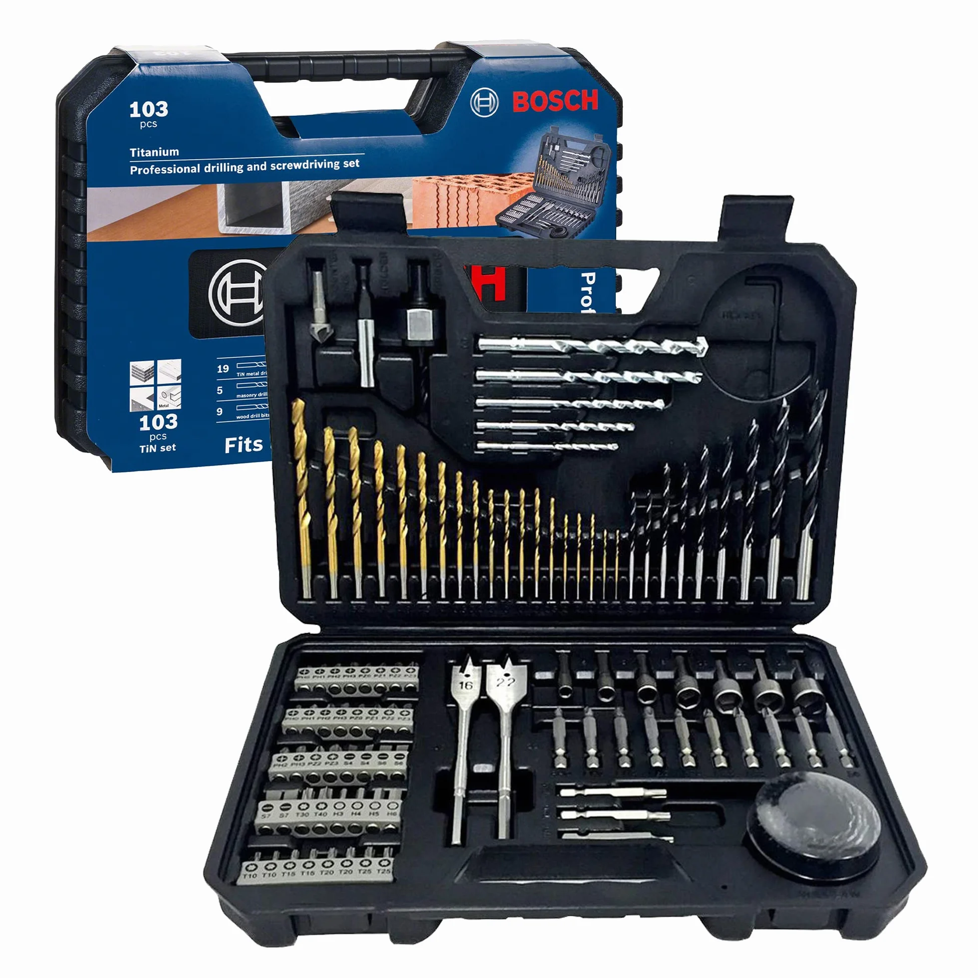 Bosch Juego de 103 piezas mixtas de brocas y puntas de atornillar de titanio (para madera, piedra, metal, para atornilladores y taladros)