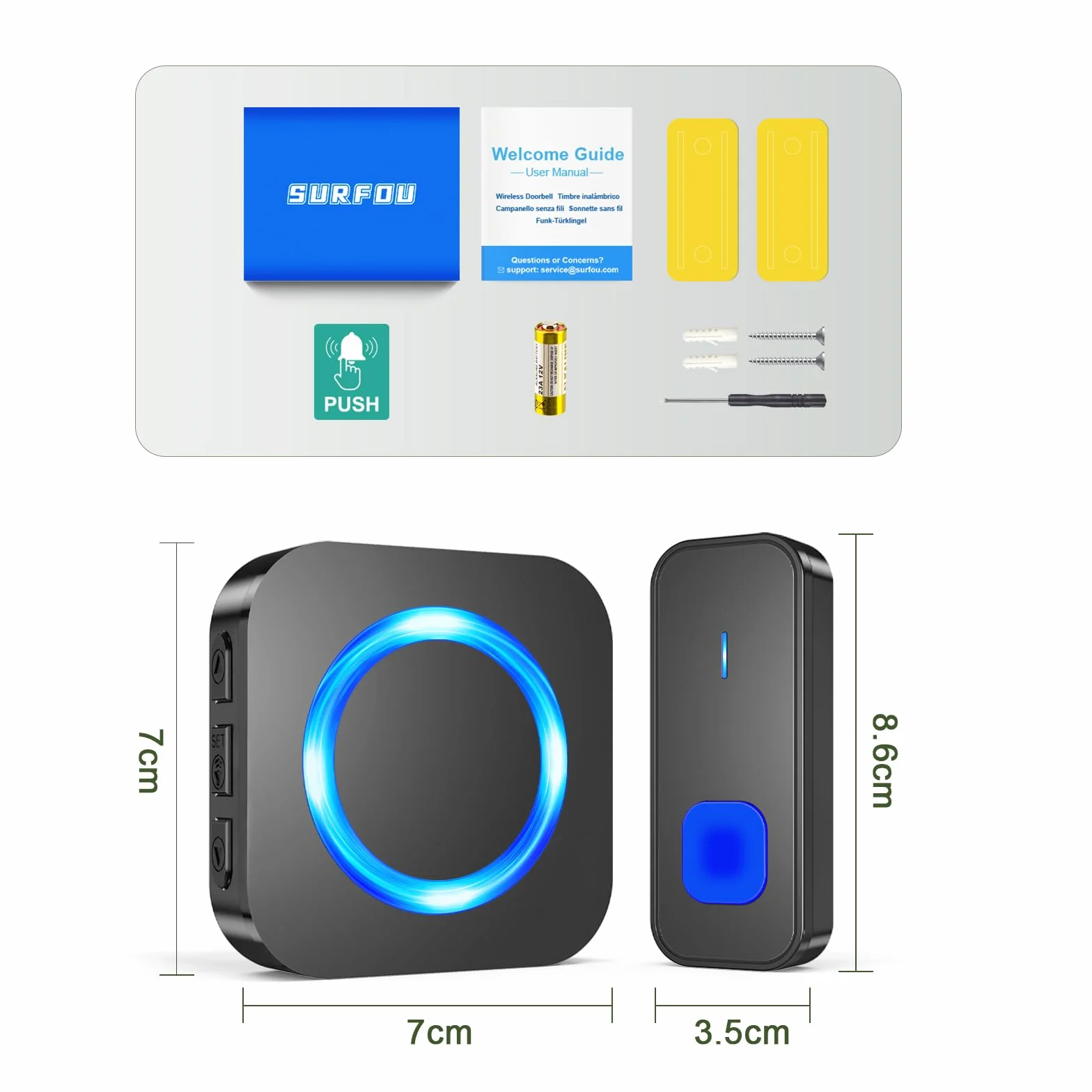SURFOU Timbre Inalámbrico Exterior Impermeable, Kit Doorbell Puerta para Casa 400M de Alcance Doorbell con 55 Melodías, 5 Niveles de Volumen, Indicador LED, 3 Enchufable Receptor Negro