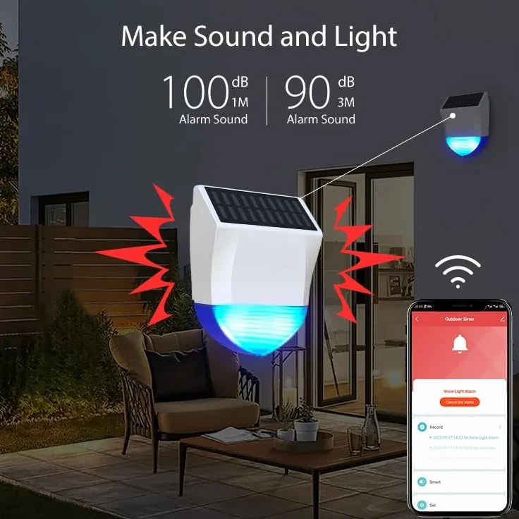 Haozee Alarma solar para exteriores, funciona con energía solar y carga por USB, requiere Tuya Zigbee Hub, compatible con asistente de hogar Zigbee2mqtt, IPX5 resistente al agua