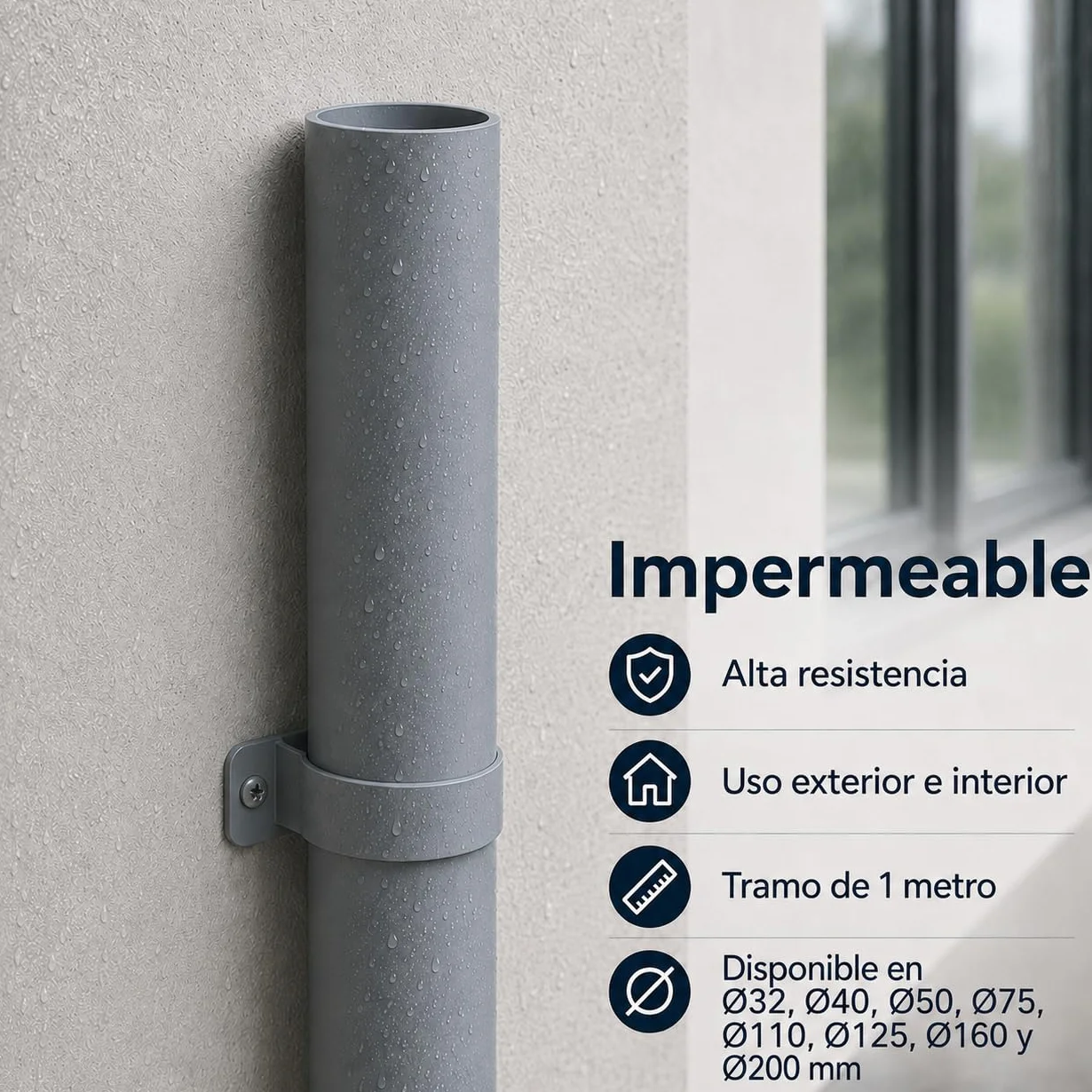 Tubo PVC Rígido 1 Metro – Desagüe, Fontanería y Evacuación de Aguas – Alta Resistencia, Impermeable y Fácil Instalación – Tramos Disponibles Ø75, Ø110, Ø125, Ø160 y Ø200 mm (Ø200 mm)