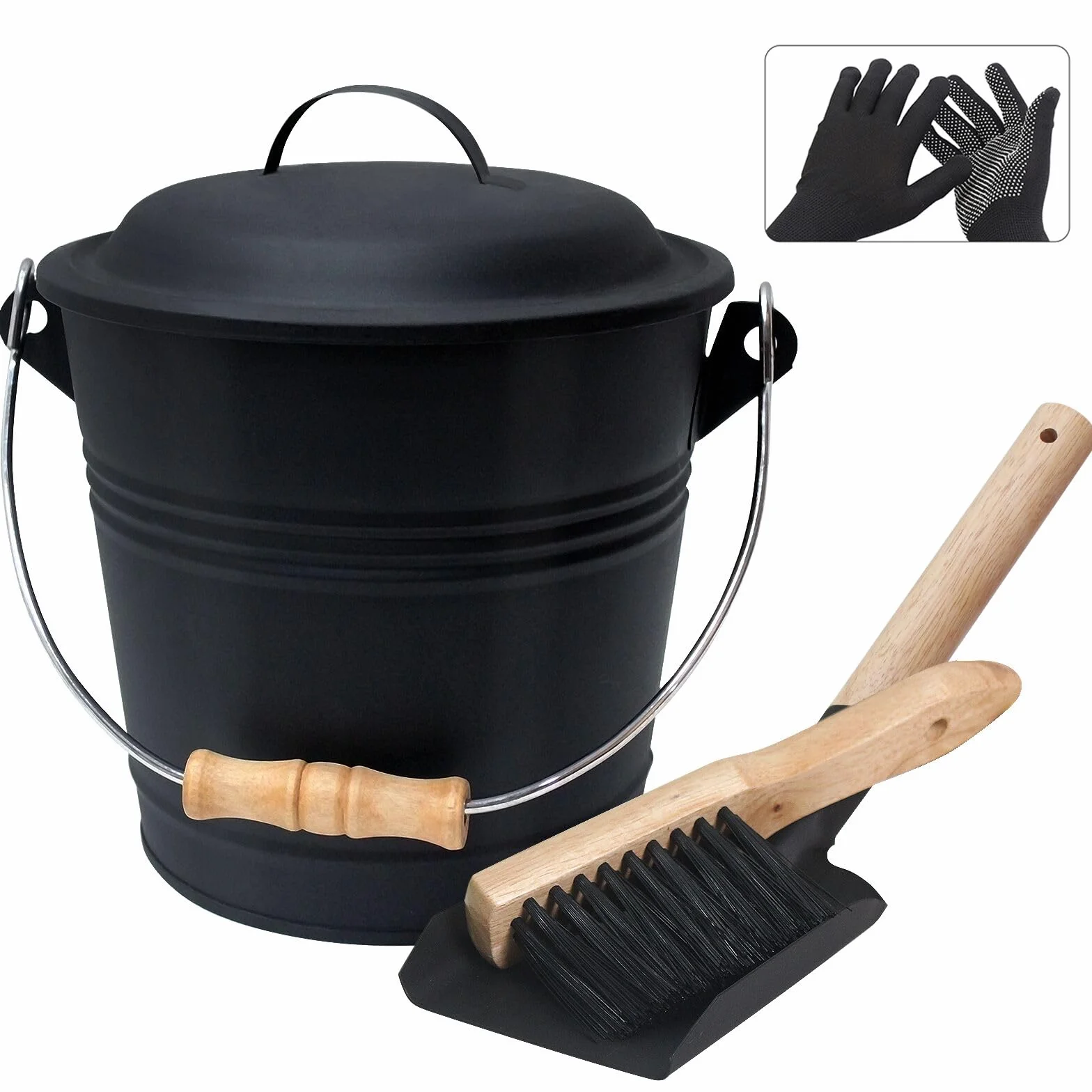 BRIAN & DANY Cubo Cenizas con Tapa, 5L Cubo para Cenizas de Chimenea con Pala y Escoba