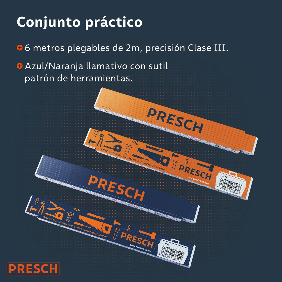 Presch Set de Metros plegables de 2 metros con escala de ángulo | 6 piezas | Madera | Naranja/Azul | Números grandes y altamente legibles | Encaje preciso | Metro de madera, Metro de carpintero