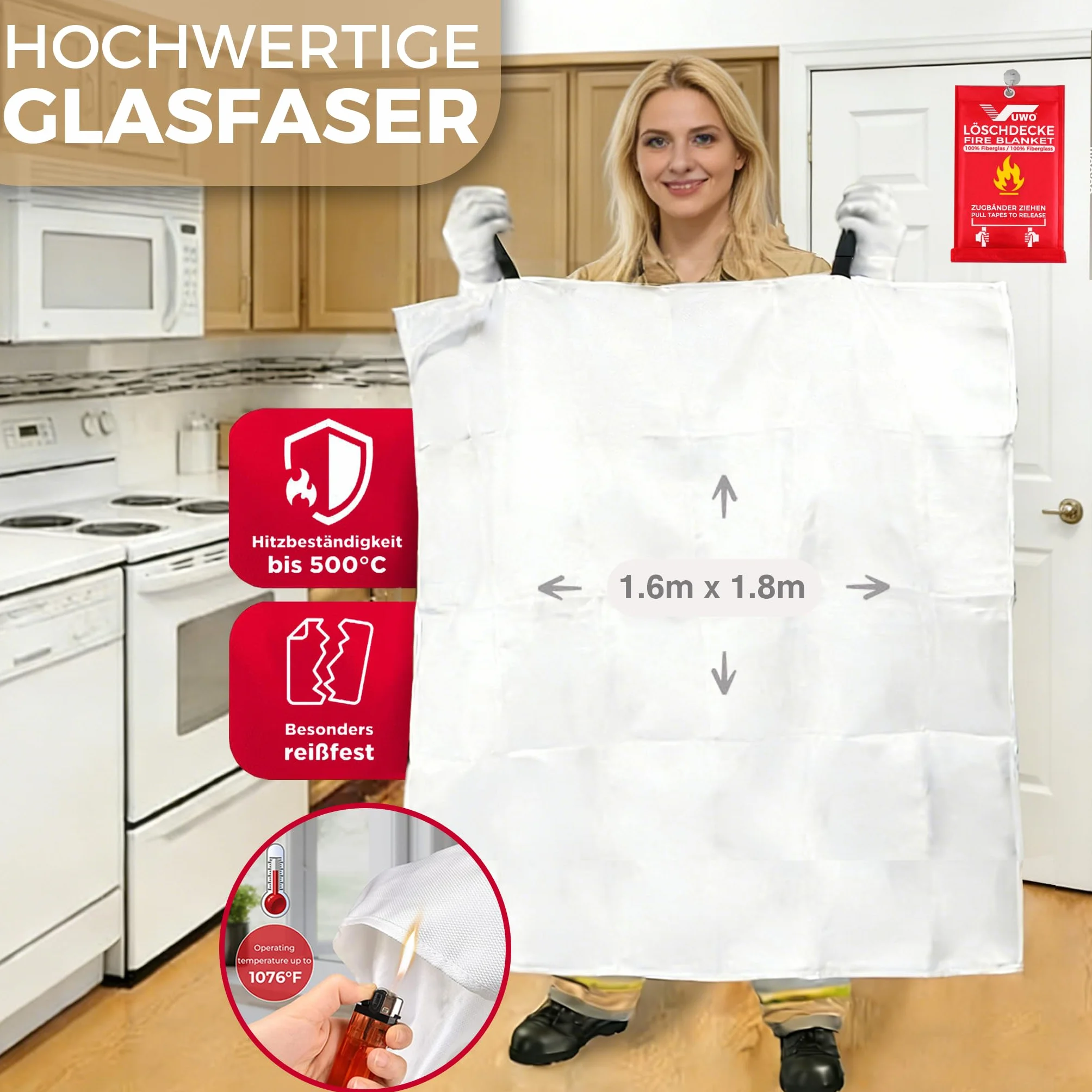 Manta ignífuga de Fibra - 1 Pieza Manta ignífuga de Emergencia de Vidrio de Seguridad Diseñada para Cocina en la Supervivencia Barbacoa Garaje Chimenea Automóviles Almacén (1.6mx1.8m)