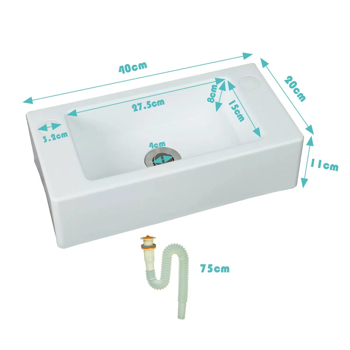 Fregadero rectangular simple, pequeño lavabo blanco, lavabo de plástico montado en la pared, blanco, apto para uso en interiores y exteriores [tubo de drenaje de cabeza de plástico de 75 cm]
