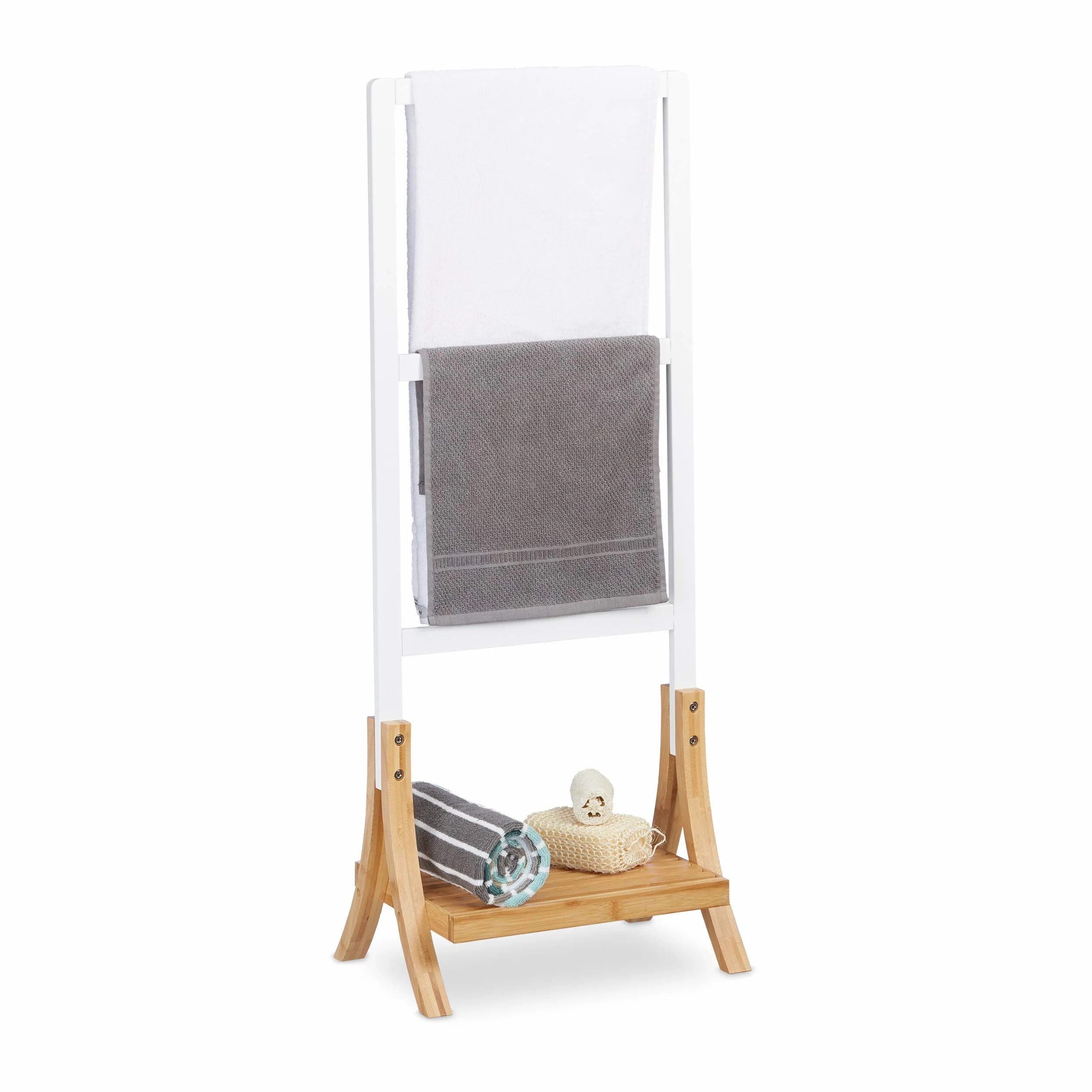 Relaxdays Toallero de Pie con 3 Barras y Repisa, DM y Bambú, Blanco y Marrón, 104 x 41 x 28,5 cm