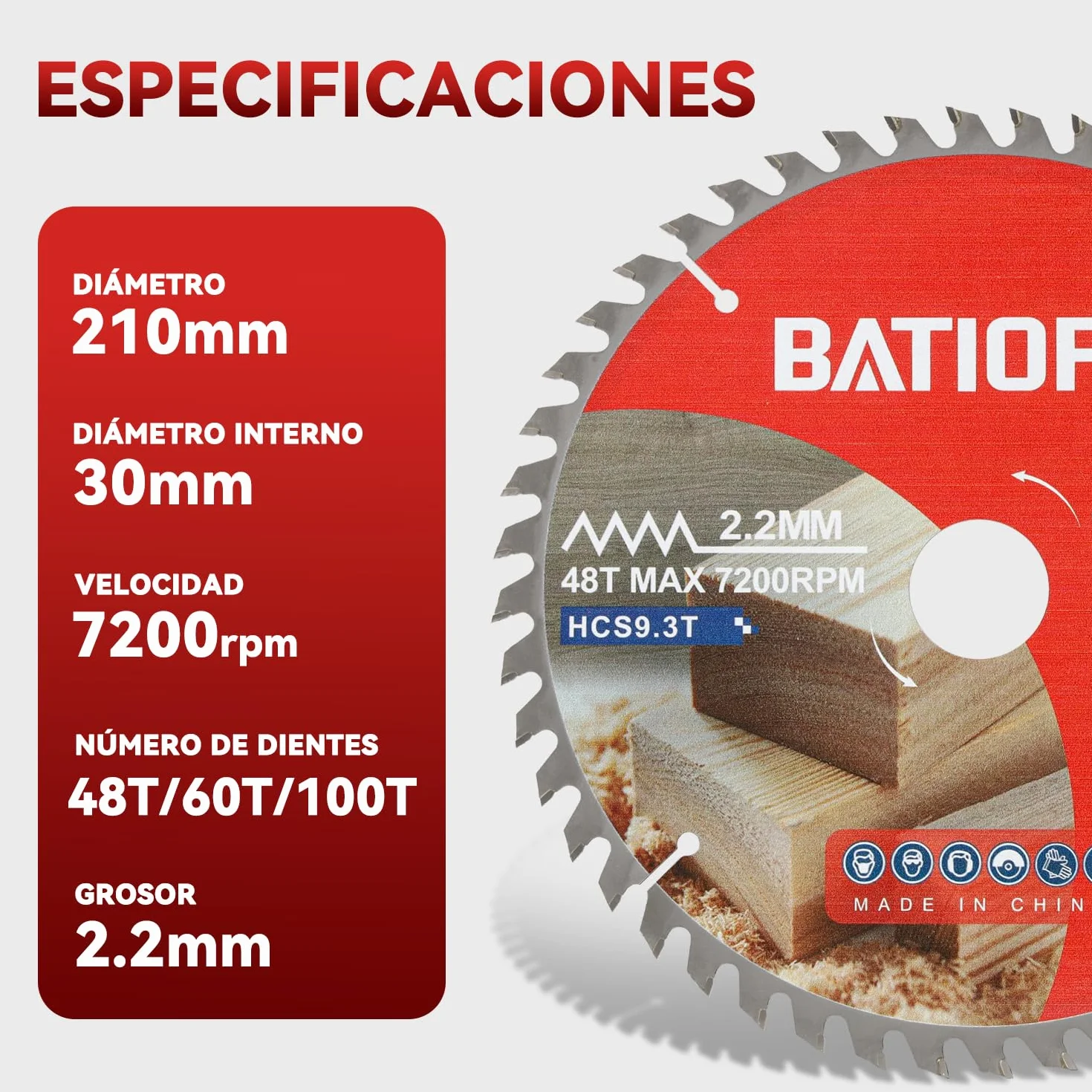 Hojas de Sierra Circular 210 x 30 mm TCT (48/60/100 dientes) para Cortar Madera, Contrachapado, Laminado, Plástico y Paneles de Yeso