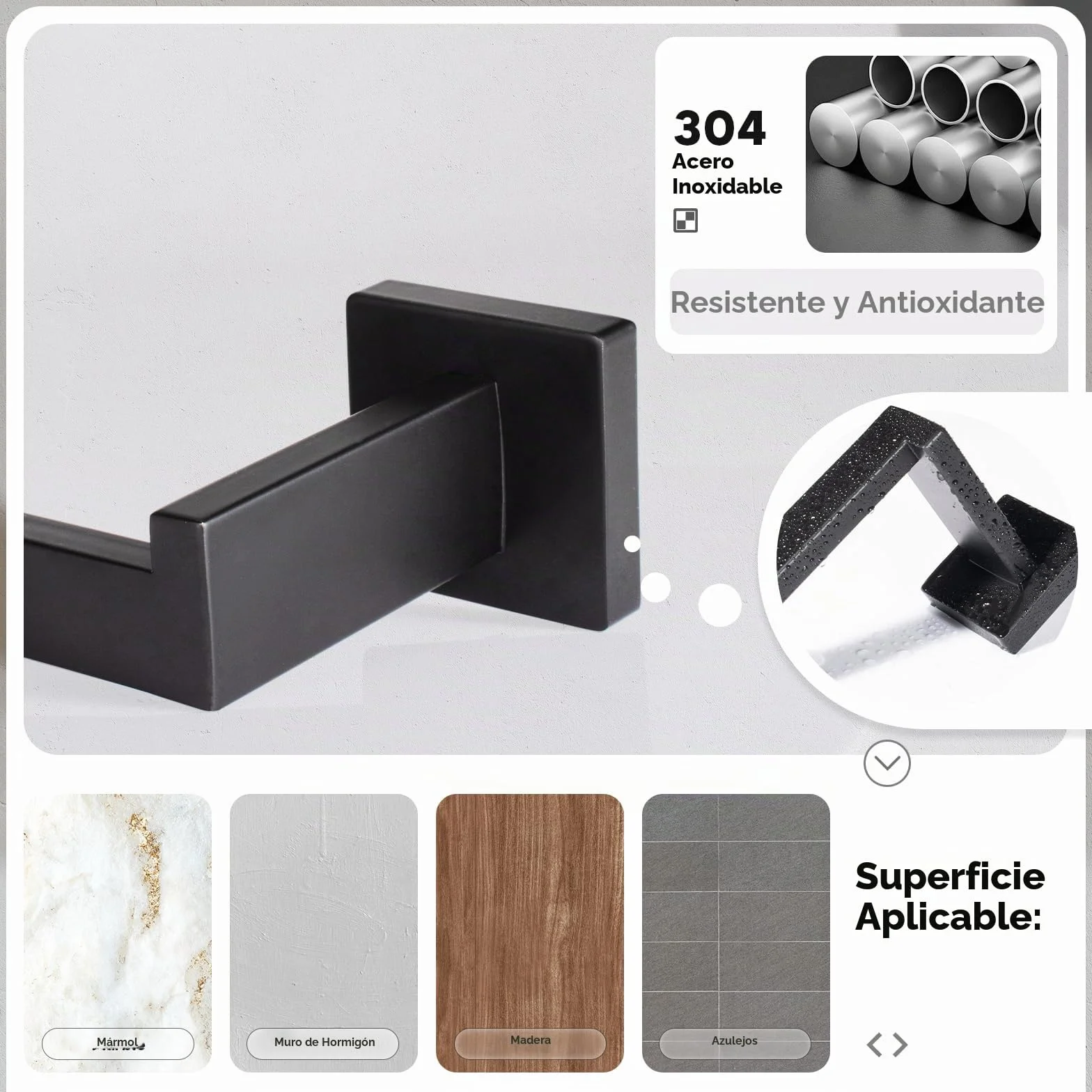 Set de Toallero de Acero Inoxidable 5 Piezas 43CM Porta Papel de Baño 2 Ganchos Colgante de Pared Negro