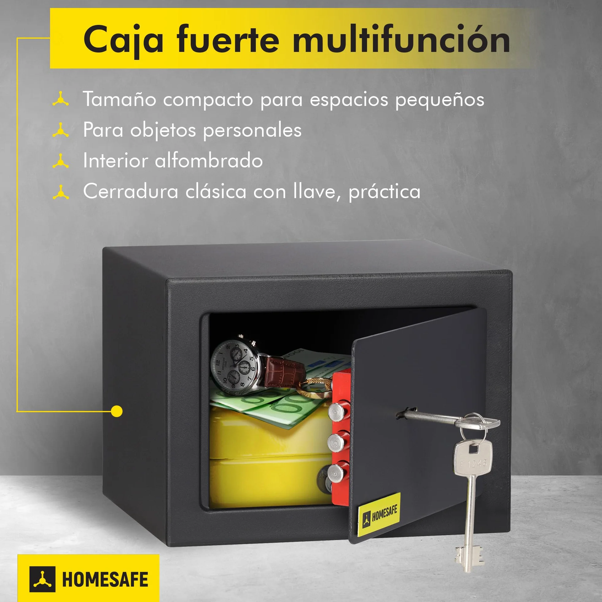 HomeSafe HV15K Caja Fuerte con Llave 15x20x17cm Seguridad Hogar Almacenaje