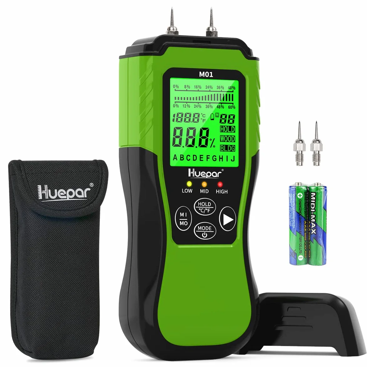 Huepar Humidímetro Digital, Medidor de Humedad con 2 modos de medición y pantalla LCD -8 tipos de probador de humedad de madera para insperar el humedad de madera y materiales de construcción-M01
