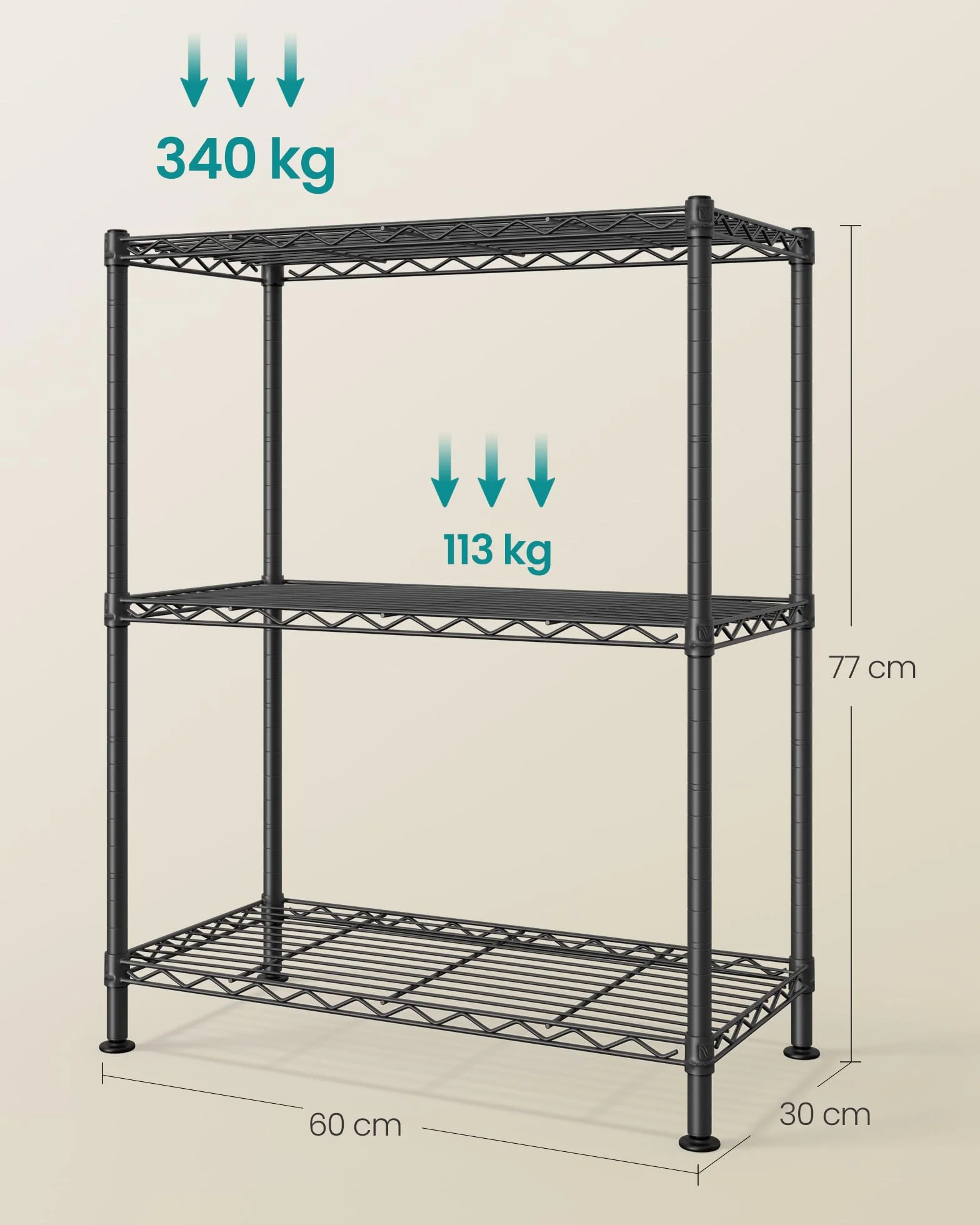 SONGMICS Estantería de Almacenamiento Metálica 3 Niveles 30 x 60 x 77 cm Negro