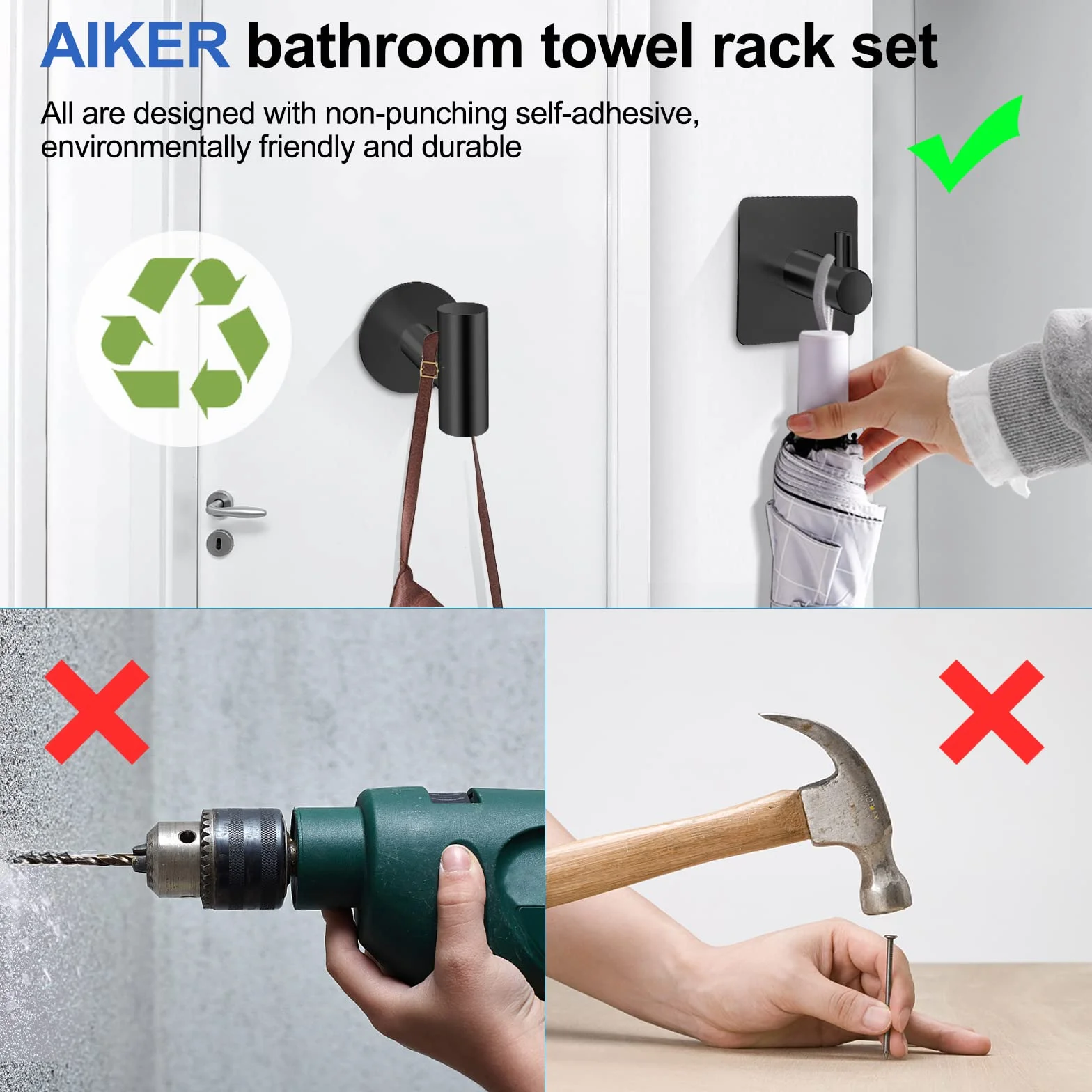 AIKER Toalleros de Baño Sin Taladro, 8 Piezas Juego de Acero Inoxidable 304 para Pared