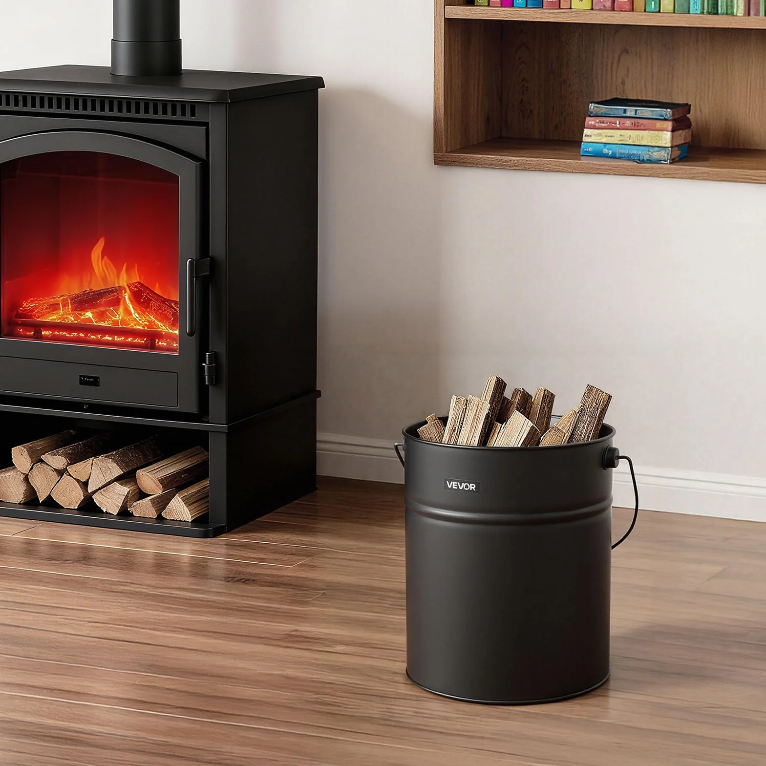 VEVOR Cubo de Cenizas con Tapa 4 en 1, Incluye Cubo para Carbón, Pala, Escoba y Guantes, Capacidad de 15 L para Chimeneas, Fogatas y Estufas de Leña, Acero al Carbono, Color Negro, 254 x 305 mm