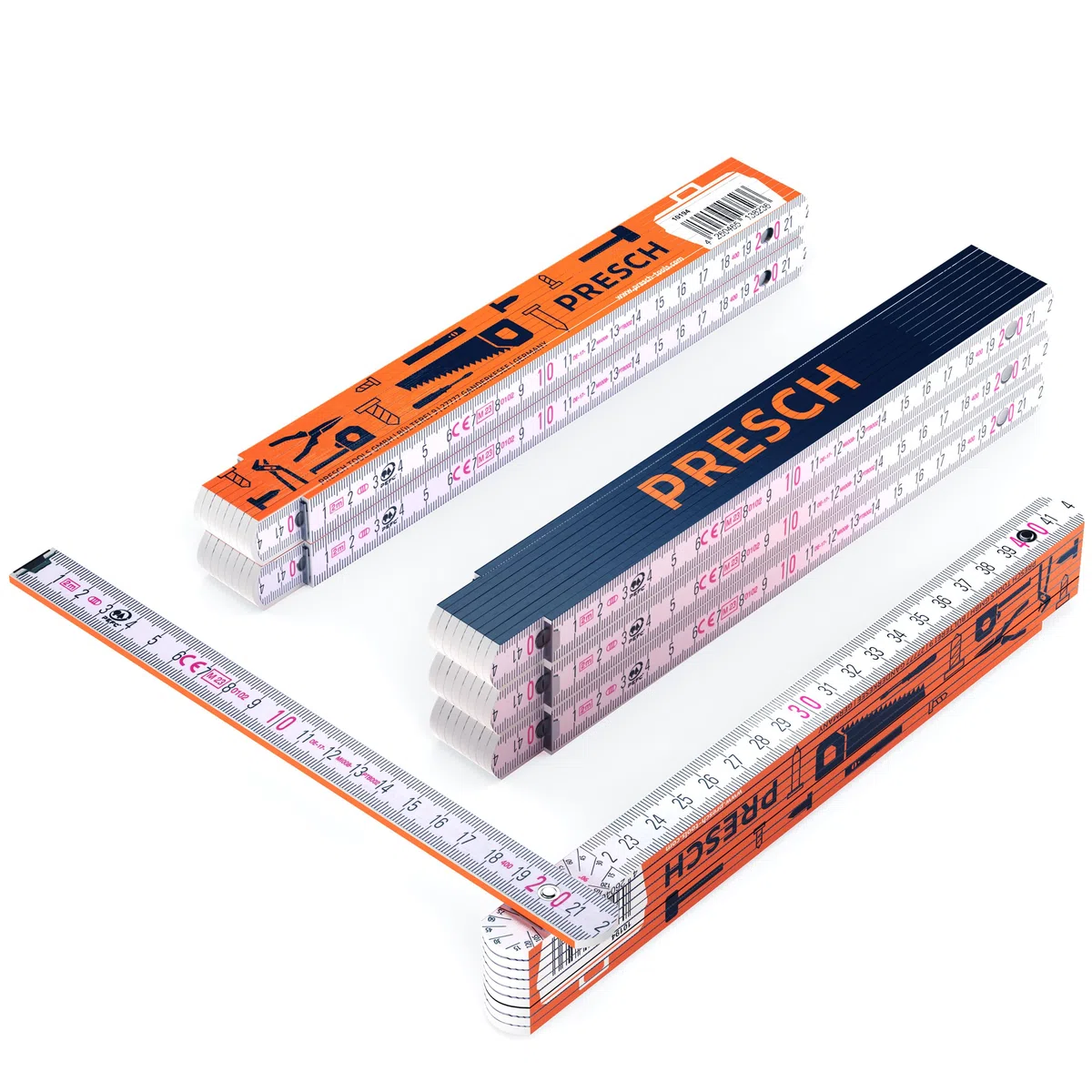 Presch Set de Metros plegables de 2 metros con escala de ángulo | 6 piezas | Madera | Naranja/Azul | Números grandes y altamente legibles | Encaje preciso | Metro de madera, Metro de carpintero