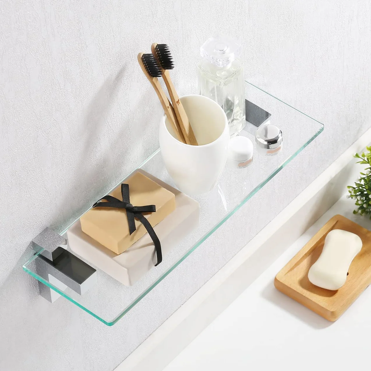 KES Estante Baño Cristal 50cm Baldas de Cristal Estanteria Baño Vidrio Templado 8MM con Soporte de Cromo Pulido, BGS3201