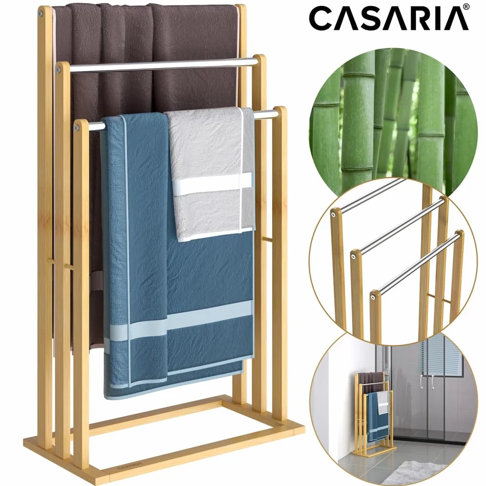 CASARIA Toallero de Pie Madera de Bambú 3 Barras Acero Inoxidable 84x46x24cm