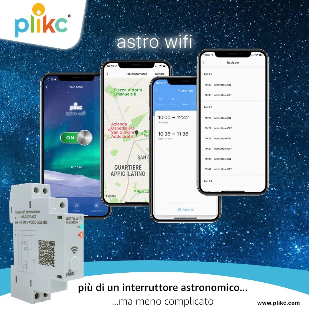 Interruptor horario astronómico - Diario/semanal - multifunción WiFi 48-230Vac - plikc Astro WiFi