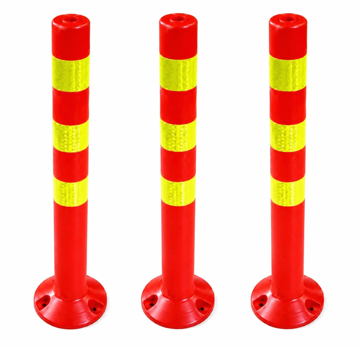 Juego de 3 postes de barrera de plástico – 72,5 cm reflectantes | Barrera para industria, almacenes, aparcamiento con pie [fijación con tornillos] Soporte de barrera – Park Poste guía bolardos