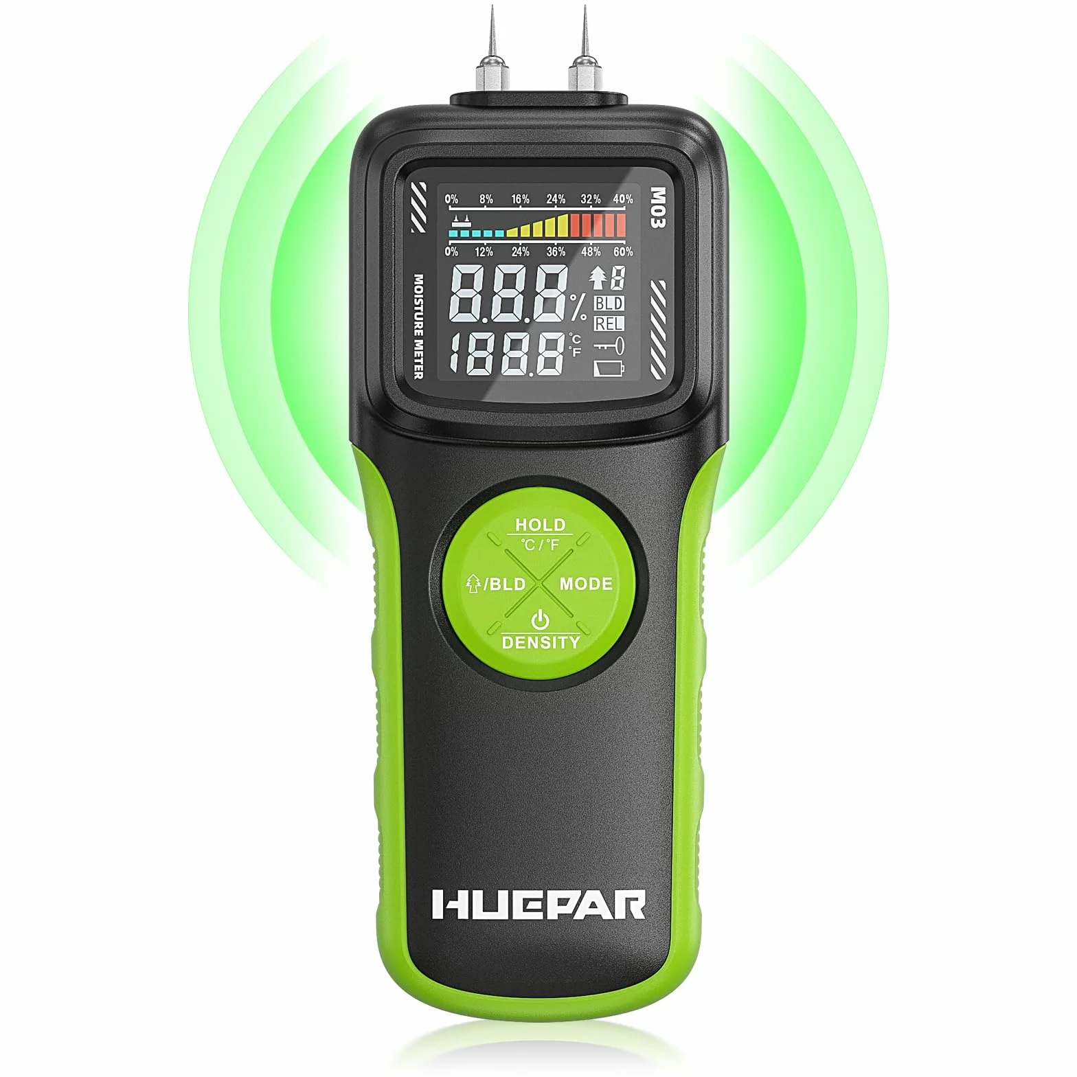 Huepar Medidor de Humedad de Madera con Pin/Sin Pin, Detector de Fugas de Agua con 2 Modos de Medición para Madera y Construcción -Pantalla LCD Retroiluminada, Contenido de Humedad Alto-Medio-Bajo M03