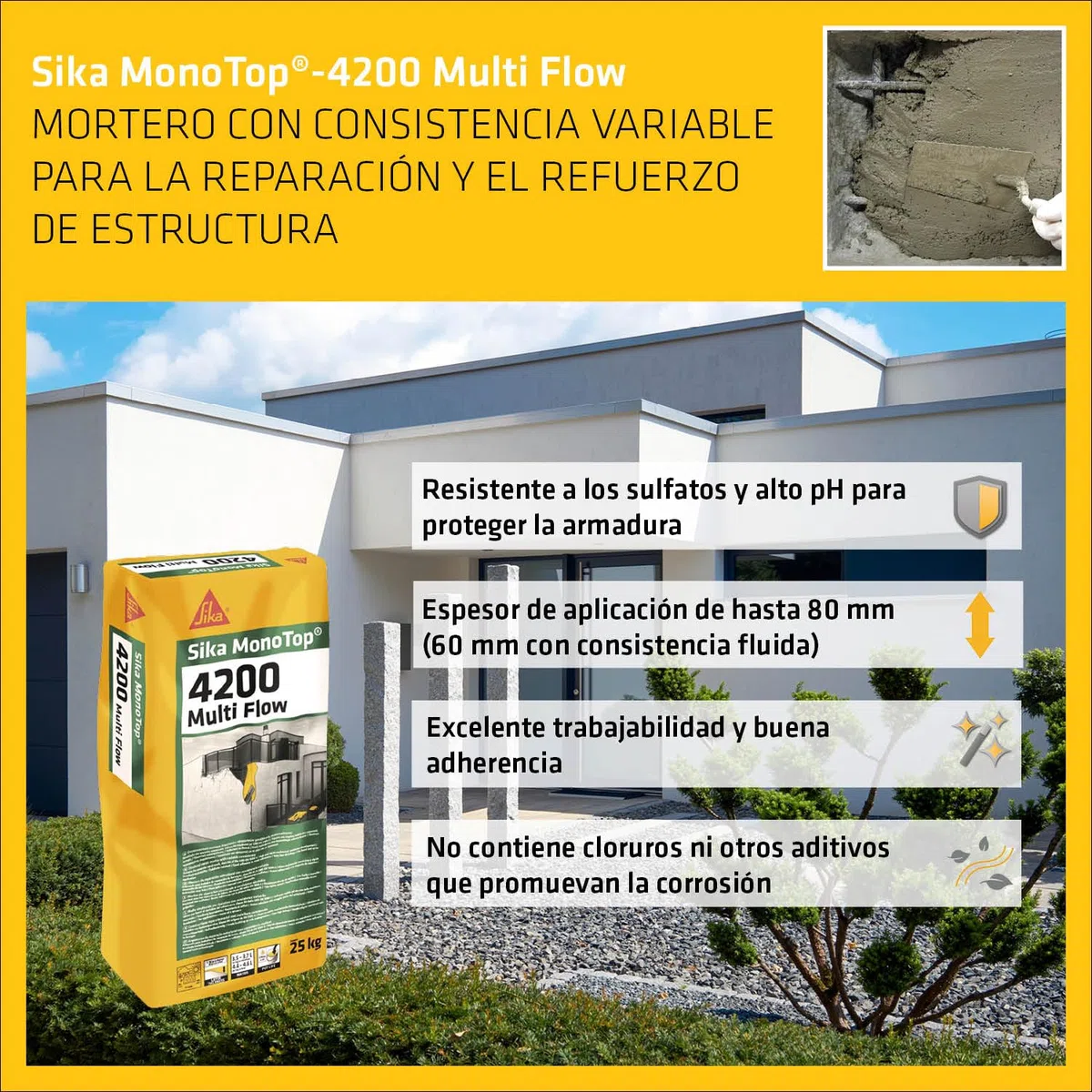 SIKA - Mortero cementoso - SikaMonoTop-4200 Multi Flow gris - reparación y refuerzo de estructuras - hormigón y estructuras marinas - clase R4-25 kg