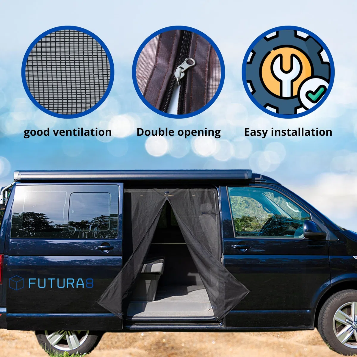 Mosquitera Furgoneta Camper magnética FUTURA8, Puerta Lateral corredera, Compatible con VW T4 T5 T6, Tourneo, Vito, Duncan, Red antimosquitos de Nailon Transpirable, fácil instalación