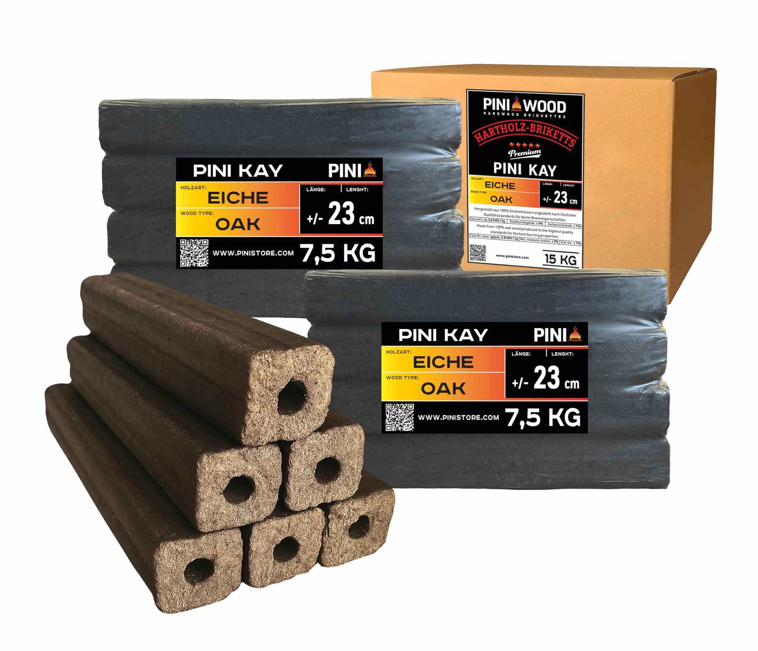 PINI Kay Briquets de roble de 23 cm de largo cuadrados con orificio de extracción 15 kg Briquets de madera dura Leña de roble para chimenea, estufa, fuego abierto, parrilla