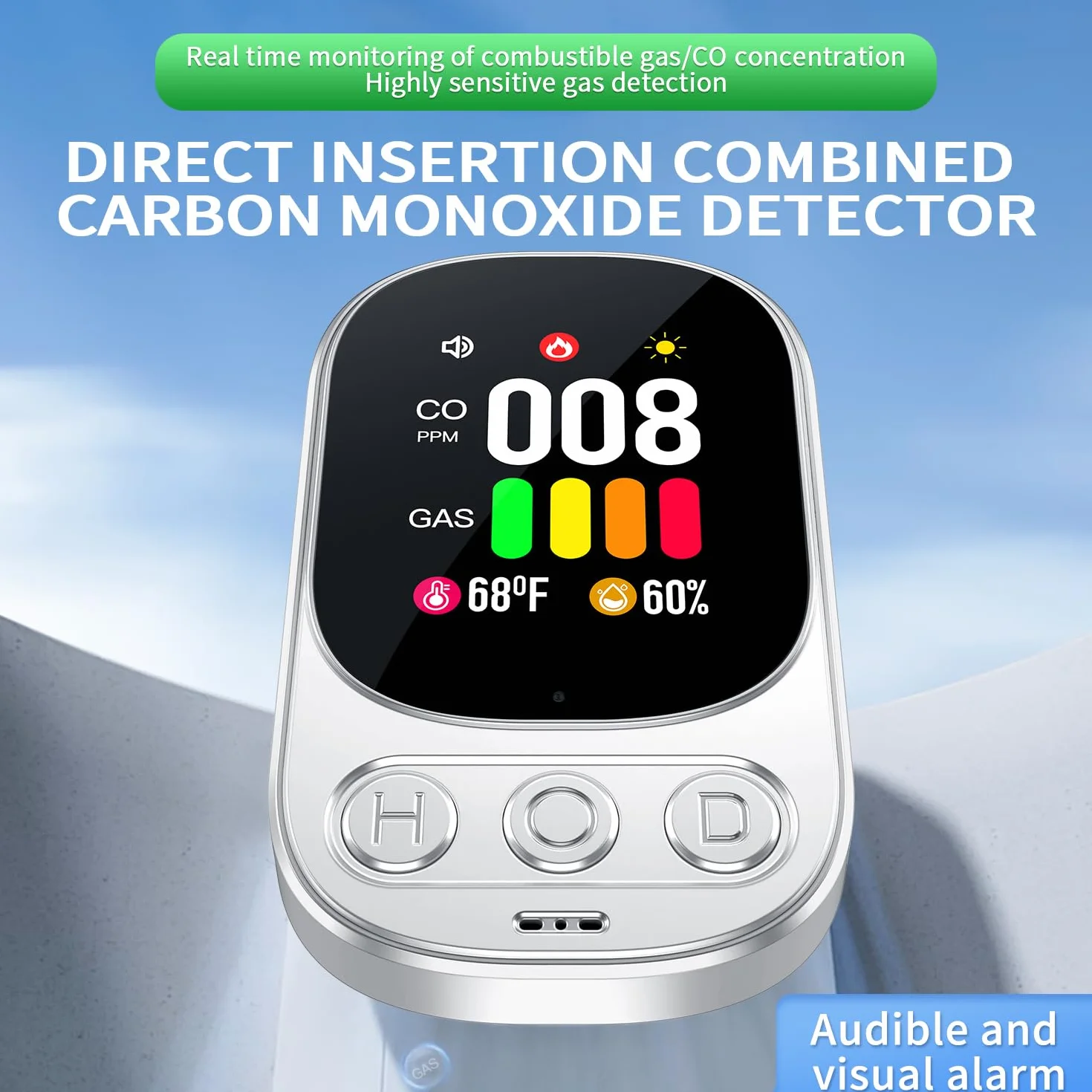 Detector de Gas y Monóxido de Carbono con Enchufe para Hogar, Alarma de CO para Casa, Detector de Gas Combustible para Gas Natural LPG Metano Propano Butano, Blanco, HD08-G