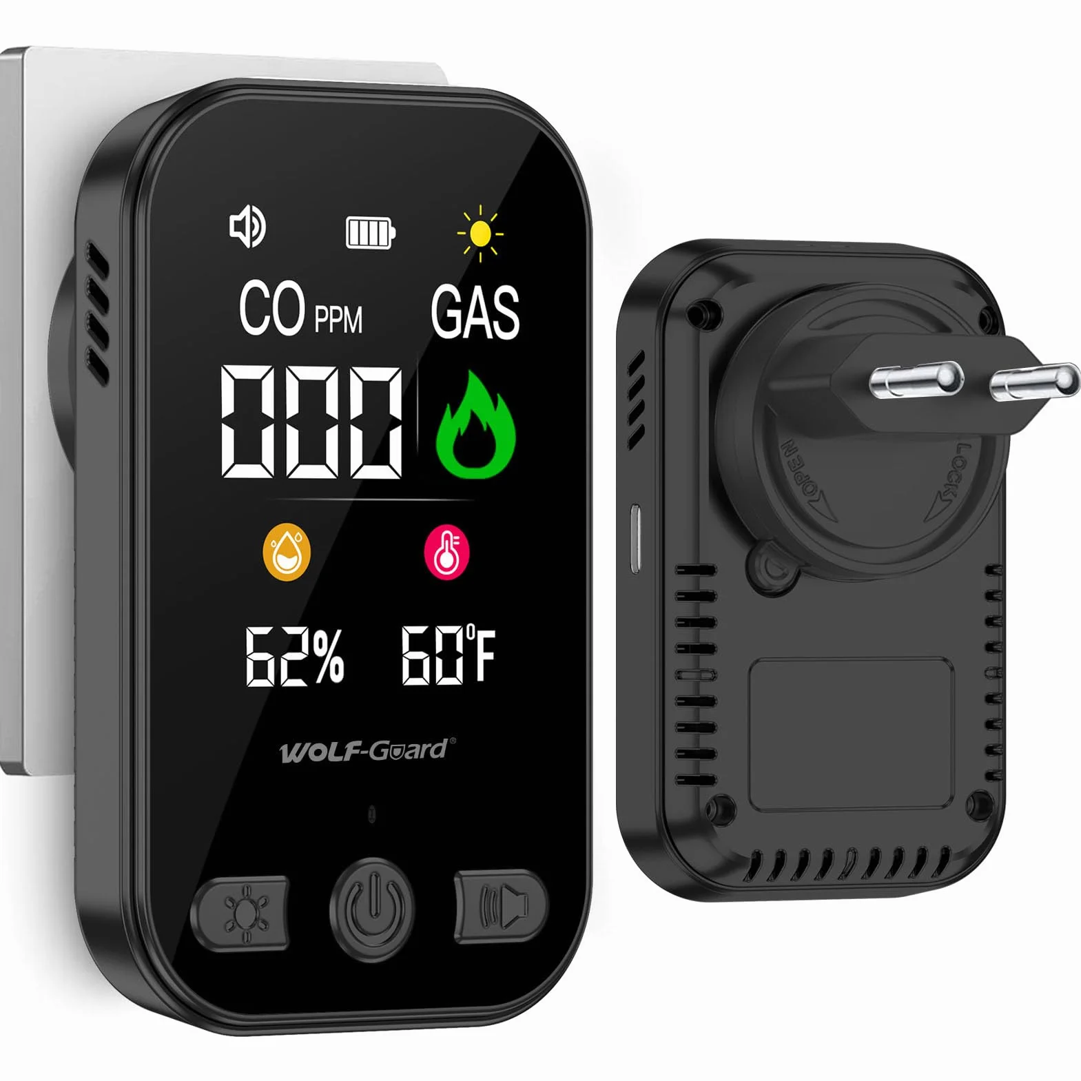 Wolf Guard Detector de Gas y CO 4 en 1 con Enchufe Doméstico, Detector de Monóxido de Carbono, Gas Combustible Natural, Fuga de GLP Metano Butano