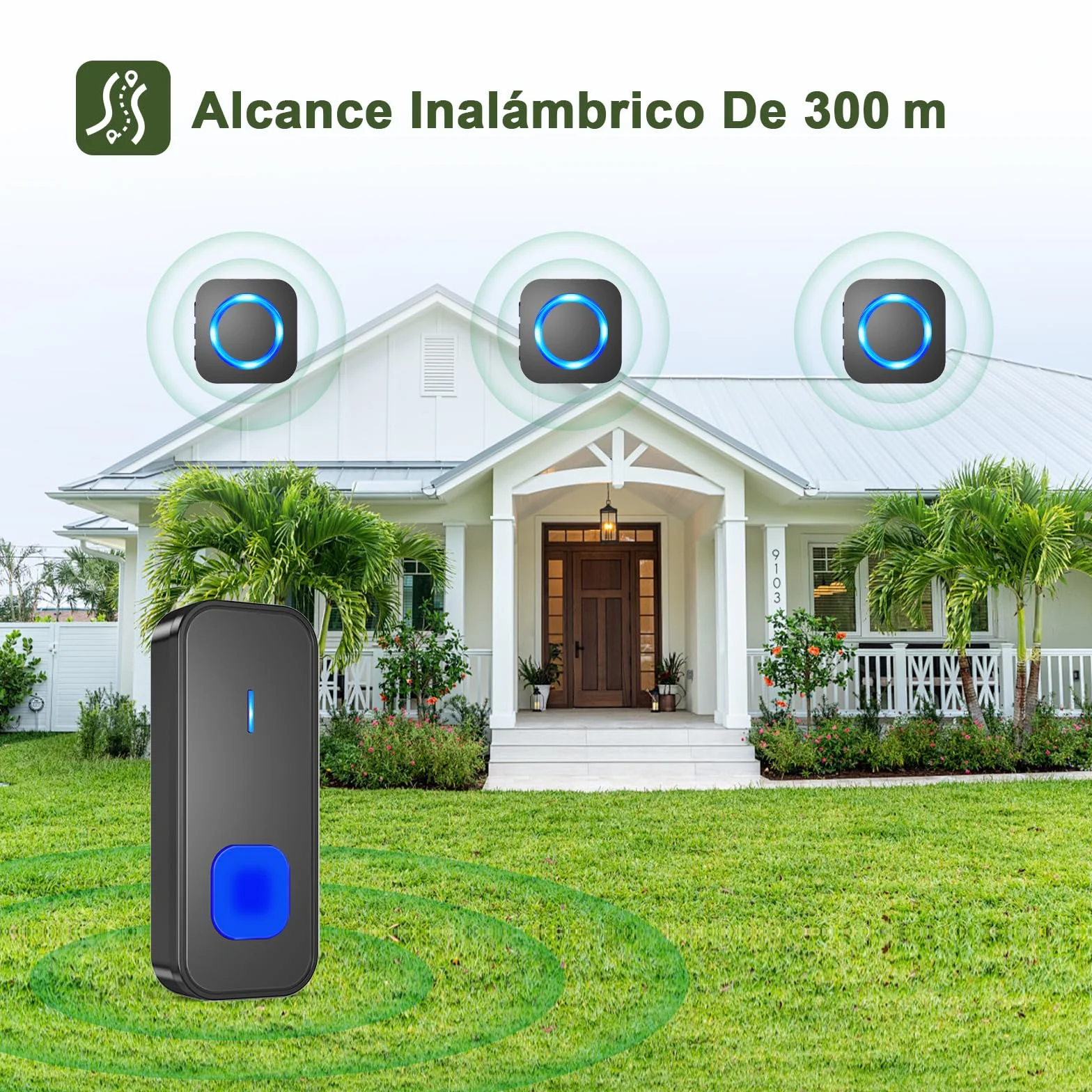 SURFOU Timbre Inalámbrico Exterior Impermeable, Kit Doorbell Puerta para Casa 400M de Alcance Doorbell con 55 Melodías, 5 Niveles de Volumen, Indicador LED, 3 Enchufable Receptor Negro