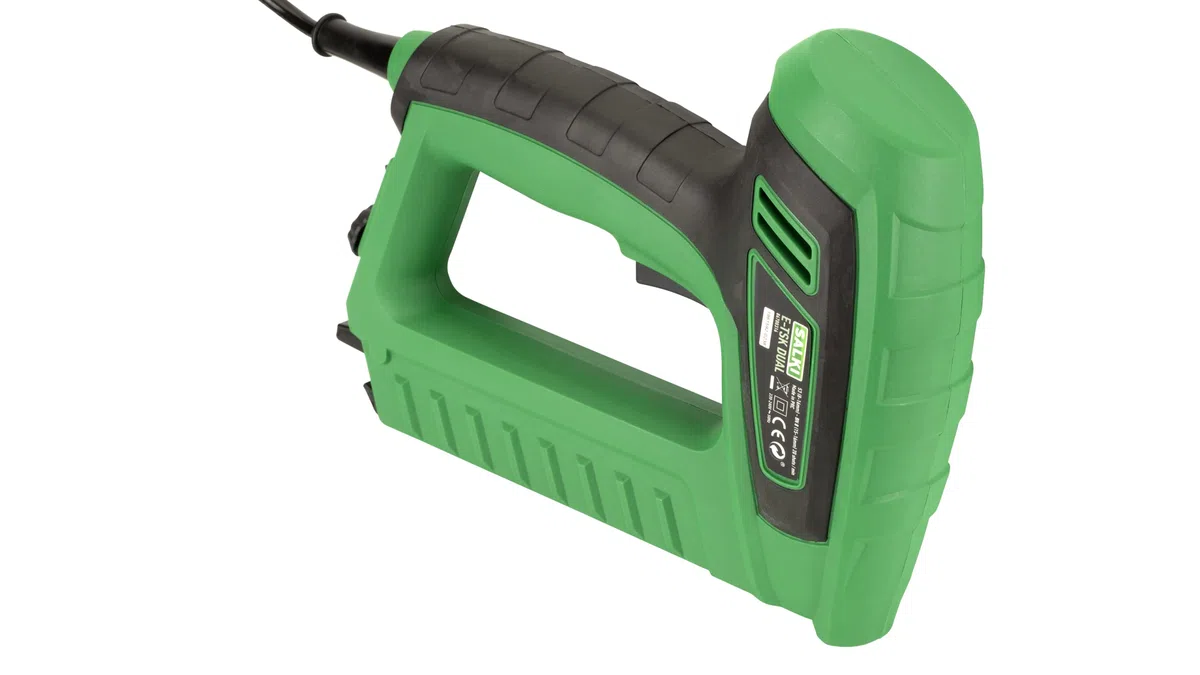 SALKI Grapadora Manual Eléctrica E-TSK Dual – Clavadora y Grapadora de Doble Función, Compatible con Grapas nº 53 y Clavos Brad nº 8, Regulador de Fuerza, 20 Disparos/min, Incluye Grapas y Clavos