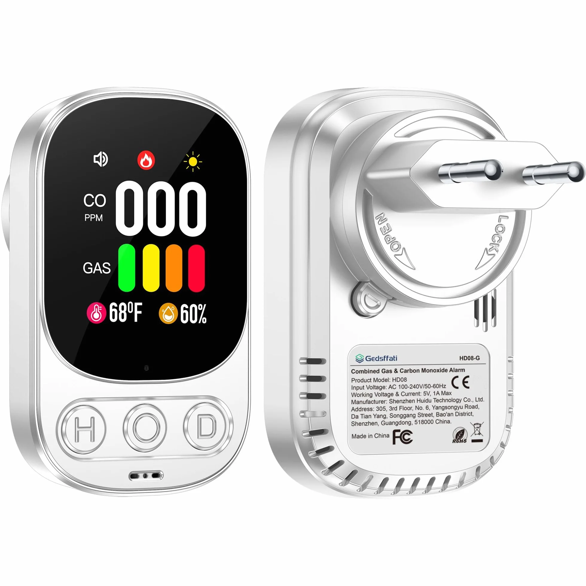 Detector de Gas y Monóxido de Carbono con Enchufe para Hogar, Alarma de CO para Casa, Detector de Gas Combustible para Gas Natural LPG Metano Propano Butano, Blanco, HD08-G