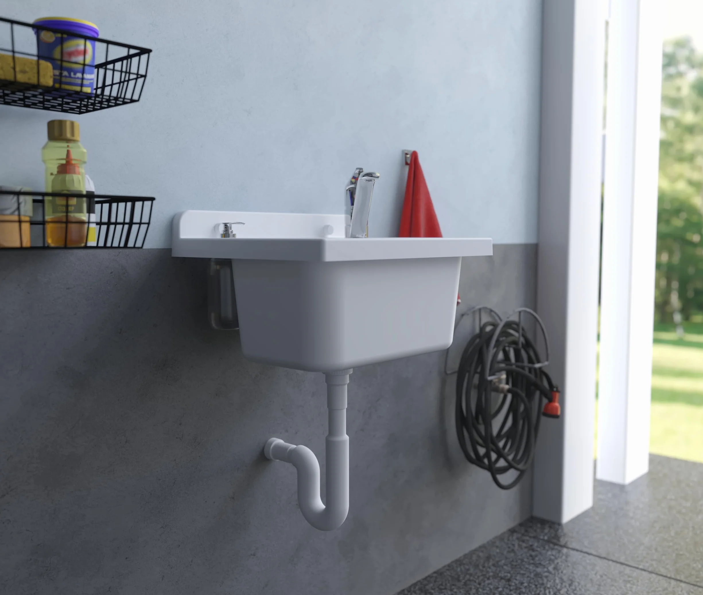 Negrari Lavabo Pilozzo de pared de resina, resistente a los ácidos de uso común, resistente a la humedad, kit de desagüe incluido, interior y exterior, 42 x 34 x 21 cm, blanco