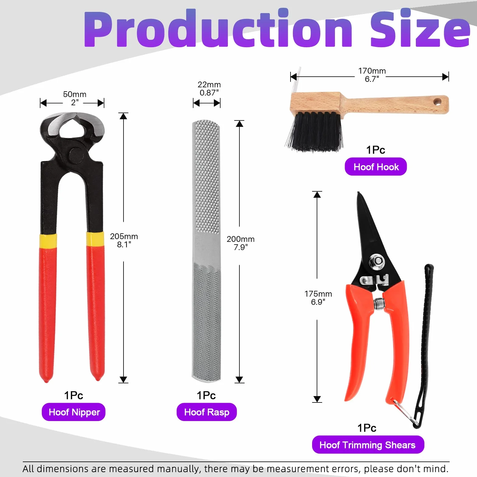 Swpeet Kit de 5 herramientas profesionales de herrador con paquete de rollo, mini lima de pezuña de 8 pulgadas, pinza de pezuña de 8 pulgadas, cepillo de herradura, herramientas de corte de pezuñas de