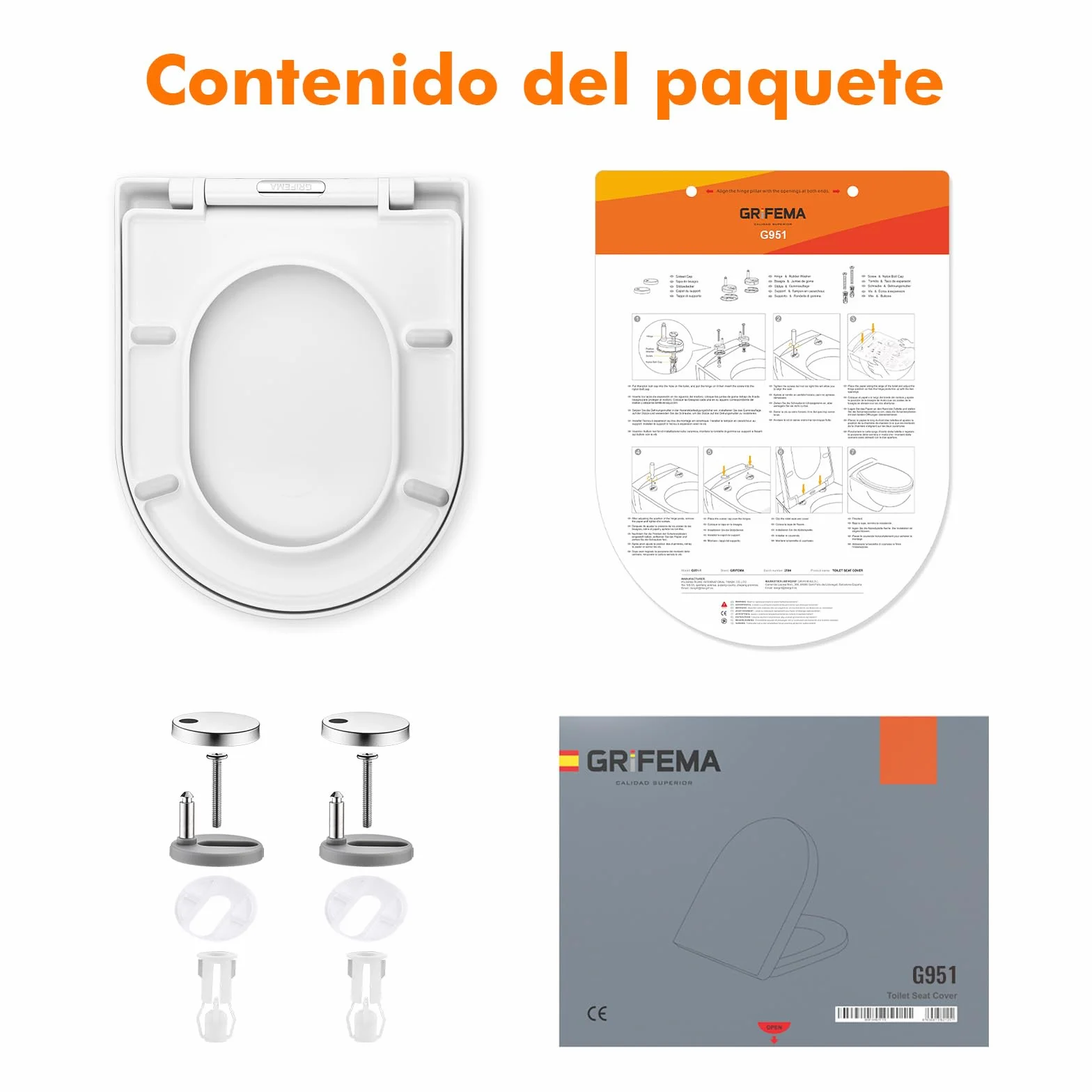GRIFEMA G951 Tapa WC UF Resin Antibacteriano No amarillea Cierre Suave Liberación Rápida Asiento Inodoro Forma D Blanco