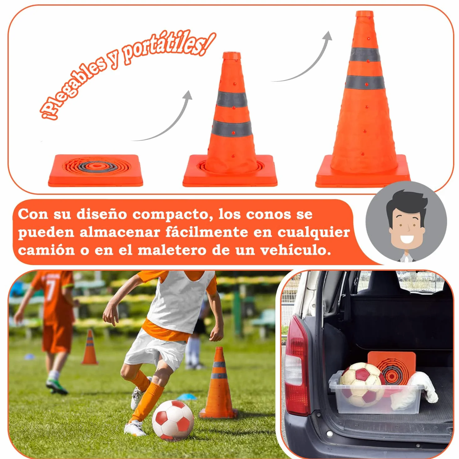 Cono de Seguridad Plegable 45cm Señalización de Tráfico Pop Up Estacionamiento (4 uds)