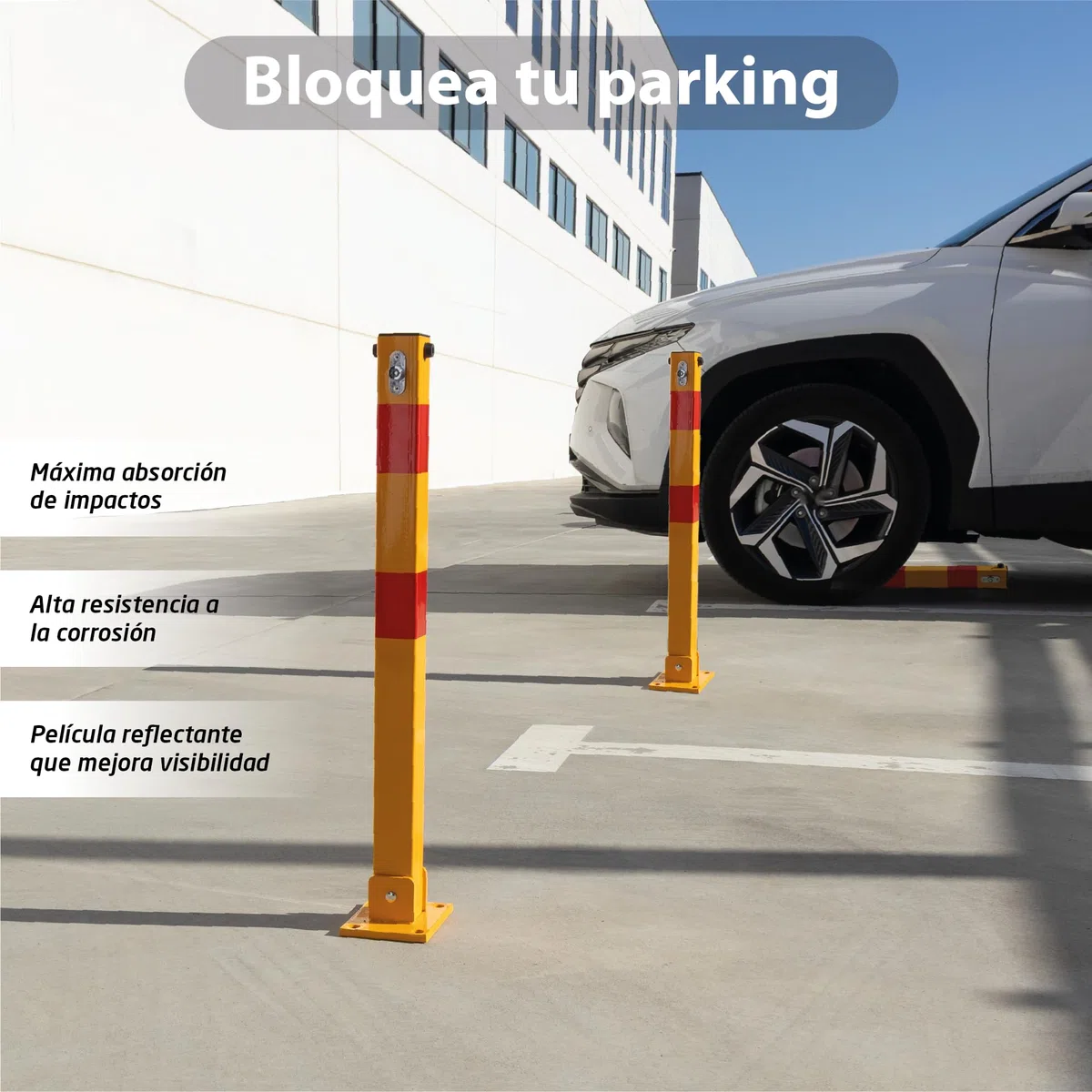 EBERSIGN - Pack 2 Cepo para Plaza Garaje Reflectante con Llave | Bolardo para Parking Acero Galvanizado Resistente | Barrera Parking de Fácil Instalación y Durable, 72,5 x 11 x 70 cm