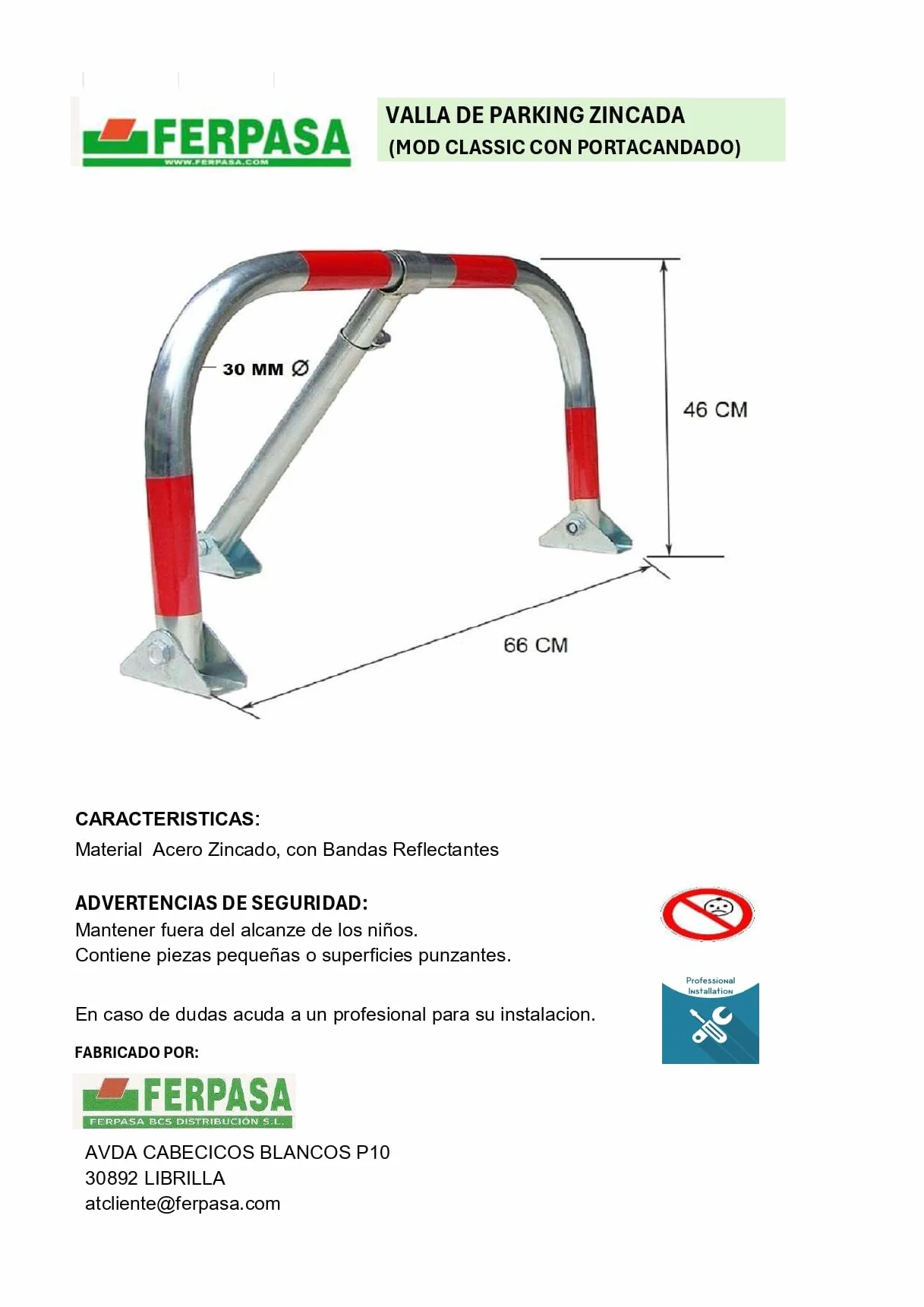 FERPASA® Valla de Parking Zincada con Portacandado Barrera de Aparcamiento para Garaje