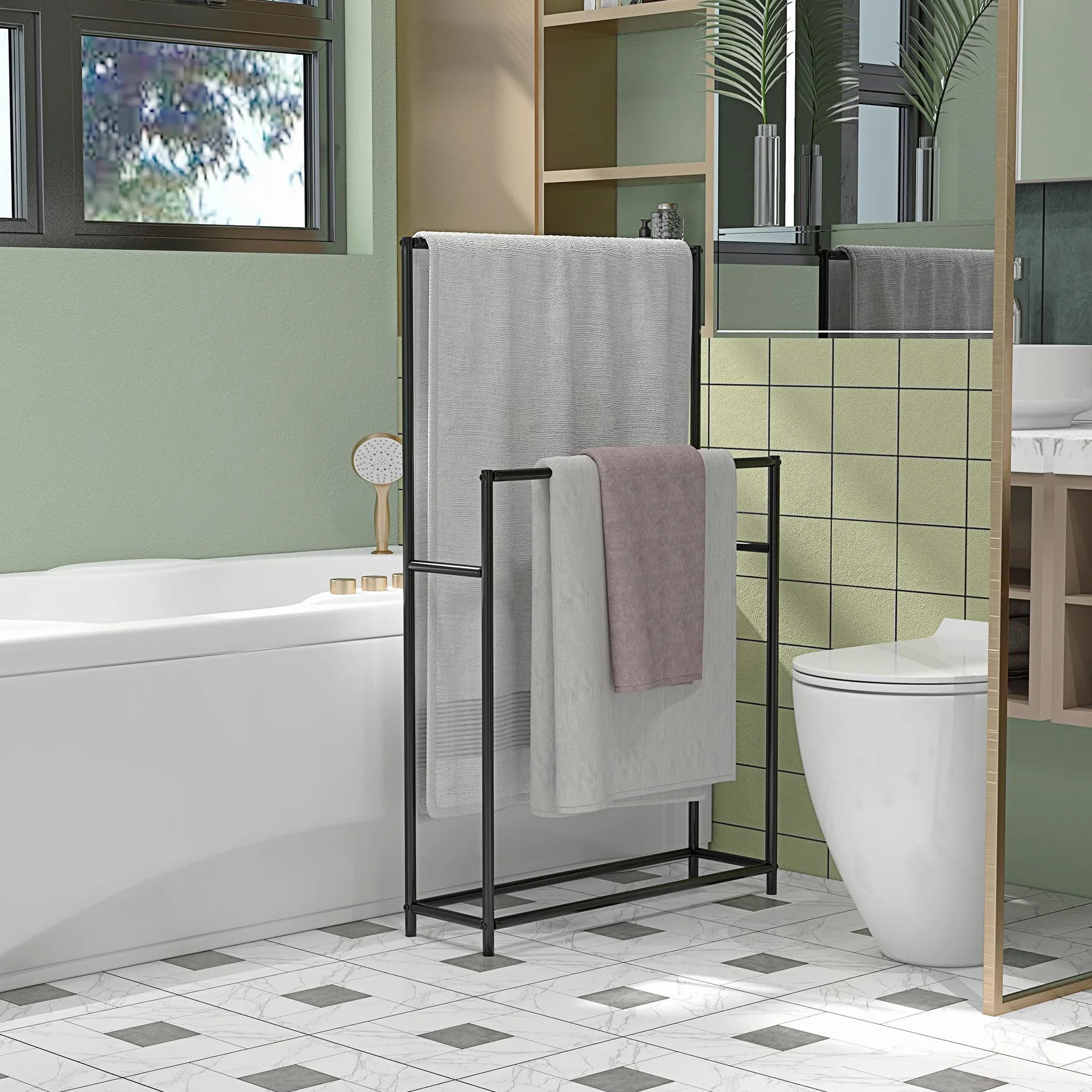 HOMCOM Toallero de Pie 2 Niveles Toallero Escalera Baño 66x20x110 cm Negro