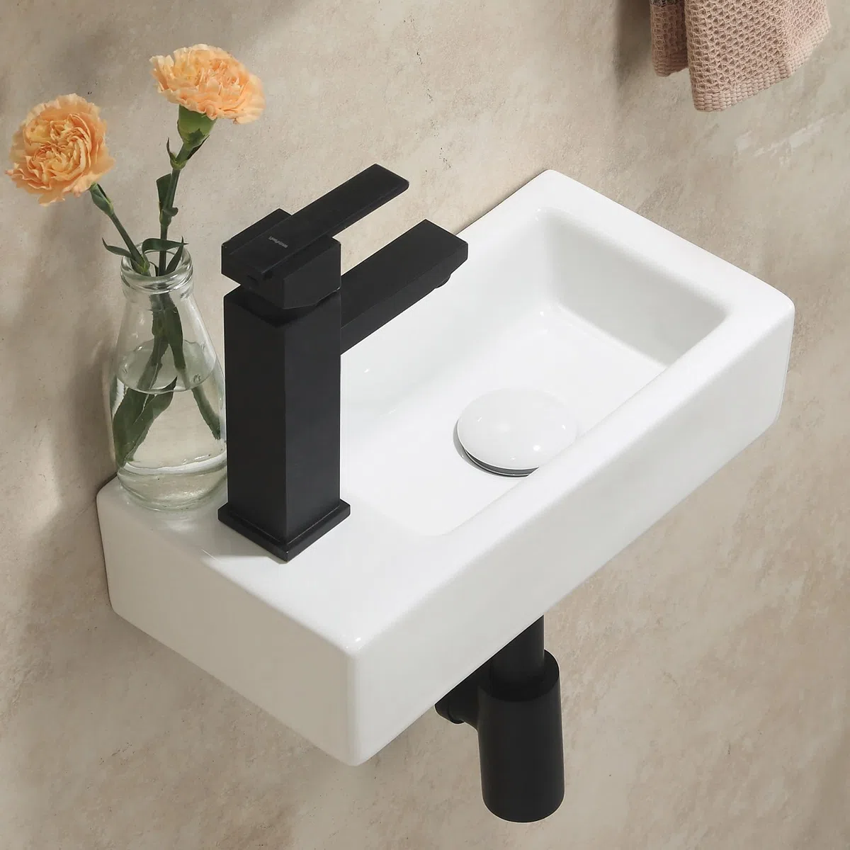 HOROW Lavabo colgante de pared, rectangular, de cerámica, porcelana, pequeño, para invitados, orificio para grifo a la izquierda, 370 x 185 x 90 mm