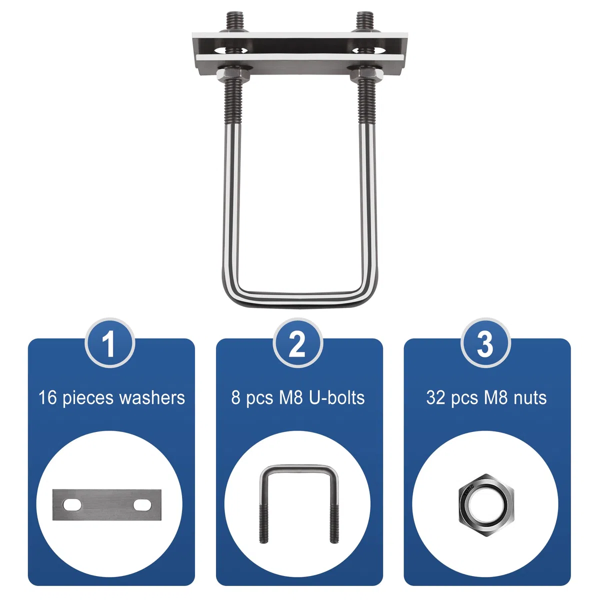 8 Piezas Perno en U, Pernos U Cuadrados M8 x 50 x 130mm, Con Tuercas Placas Arandela, Para Jardines, Patios, Instalación de Autocaravanas, Tuberías, Dispositivos Solares Fijos